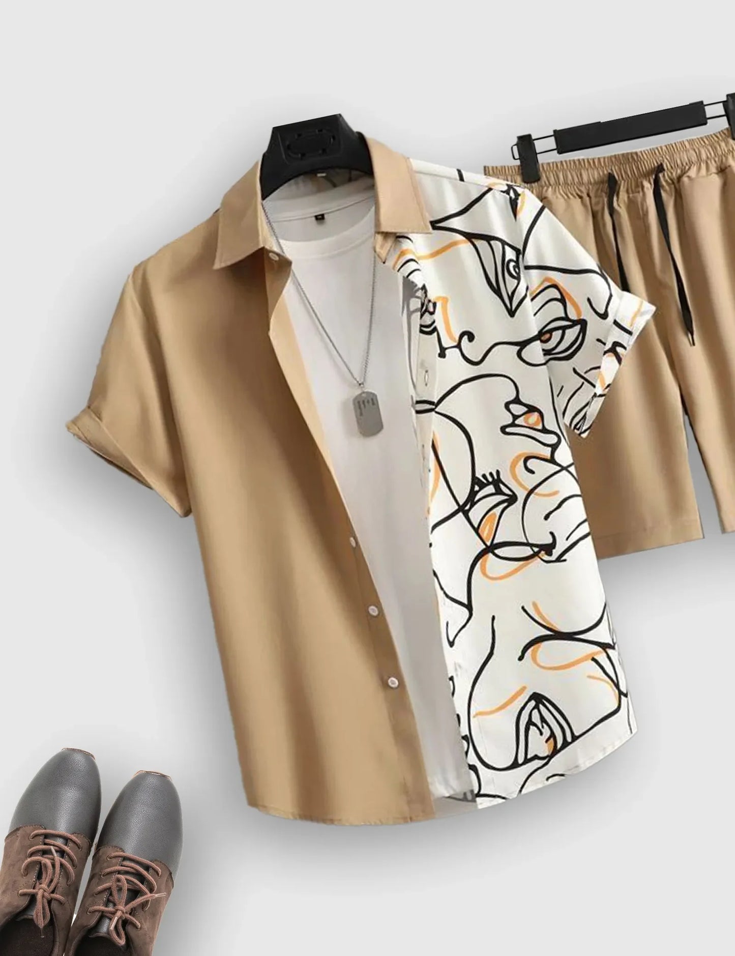 Men’s Beige White Line Print Shirt and Shorts Co-ord Set