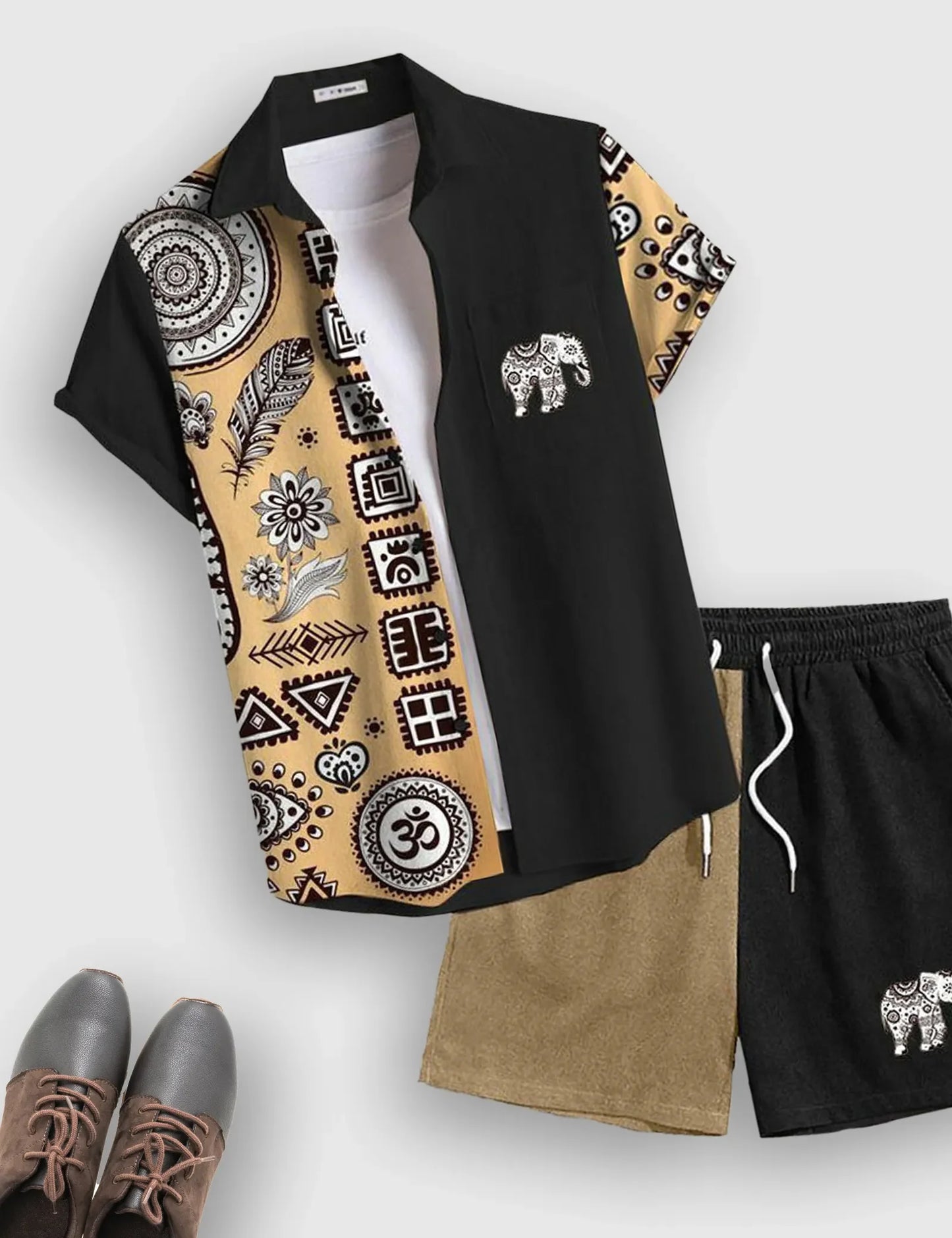 Men’s Black Ethnic Vibes Print Shirt and Shorts Co-ord Set