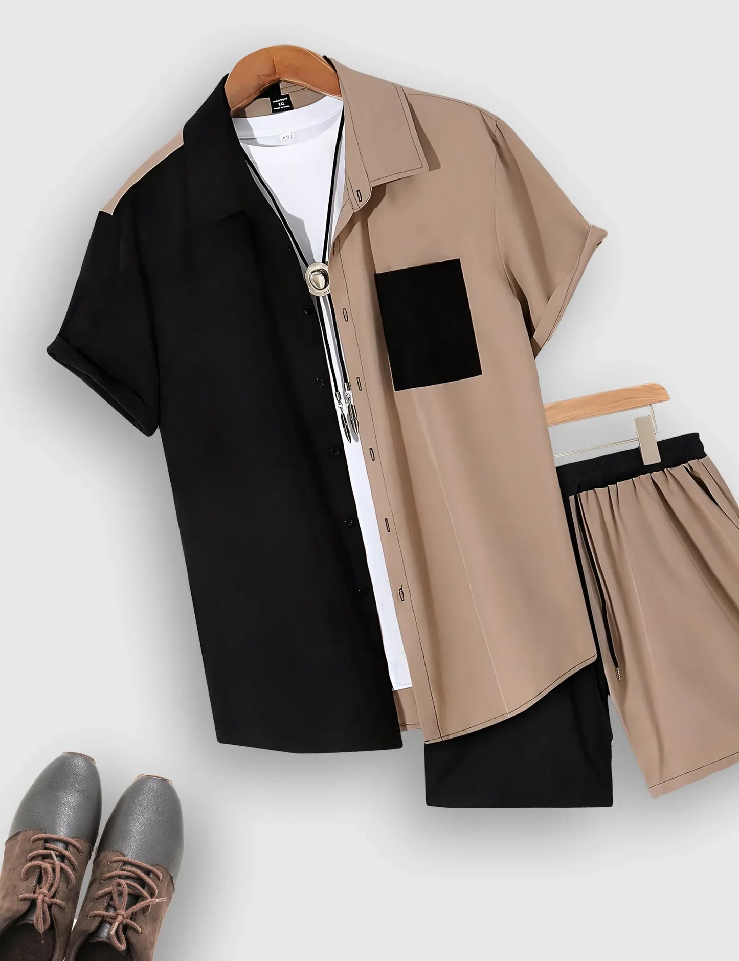 Men’s Black & Beige Colorblock Print Shirt and Shorts Co-ord Set