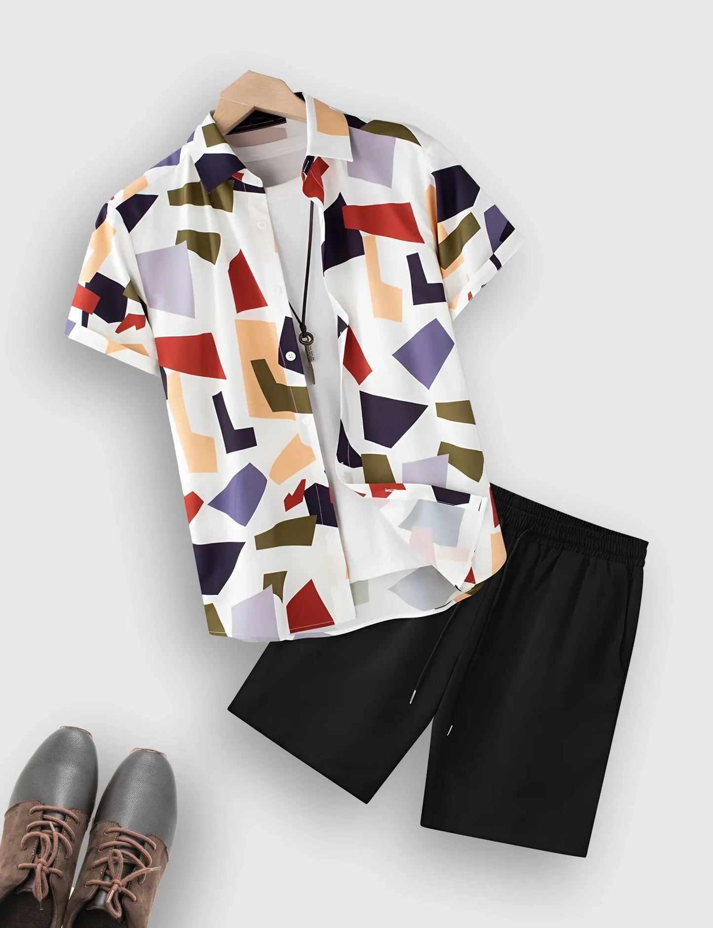 Men’s Geometric Color Block Print Shirt and Shorts Co-ord Set