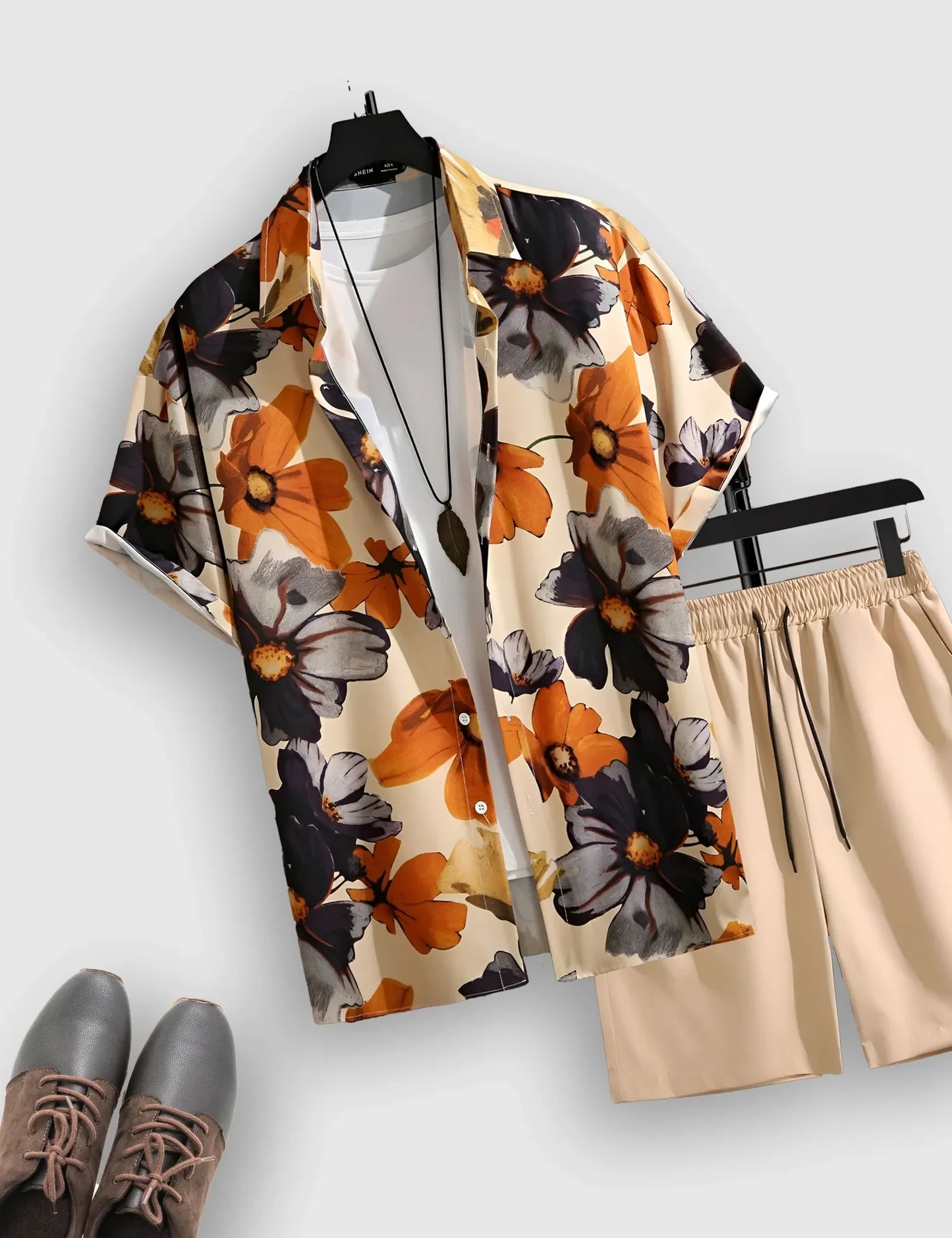 Men’s Khaki Twin Floral Print Shirt and Shorts Co-ord Set