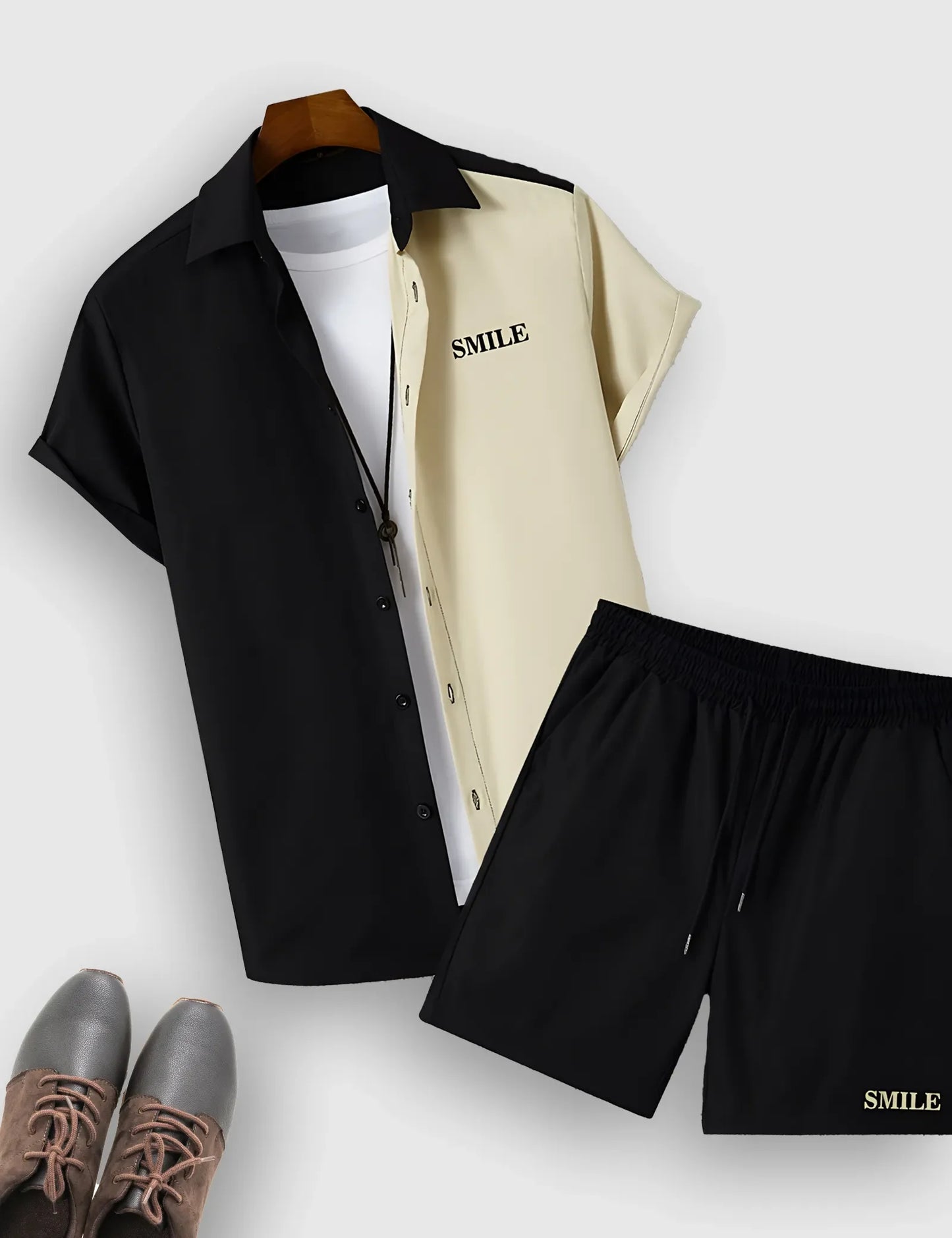 Men’s Off White Smile Colorblock Print Shirt and Shorts Co-ord Set