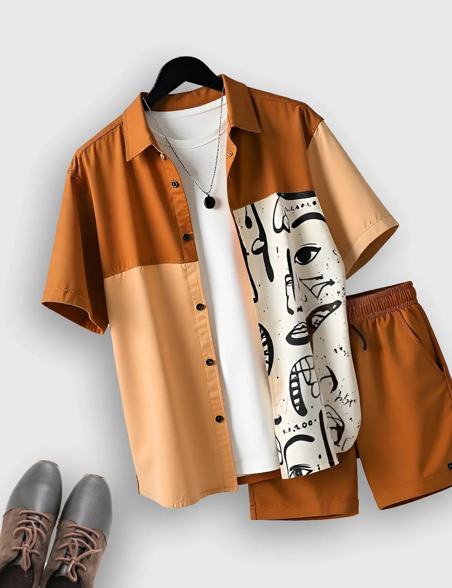 Men’s Orange Abstract Expression Print Shirt and Shorts Co-ord Set