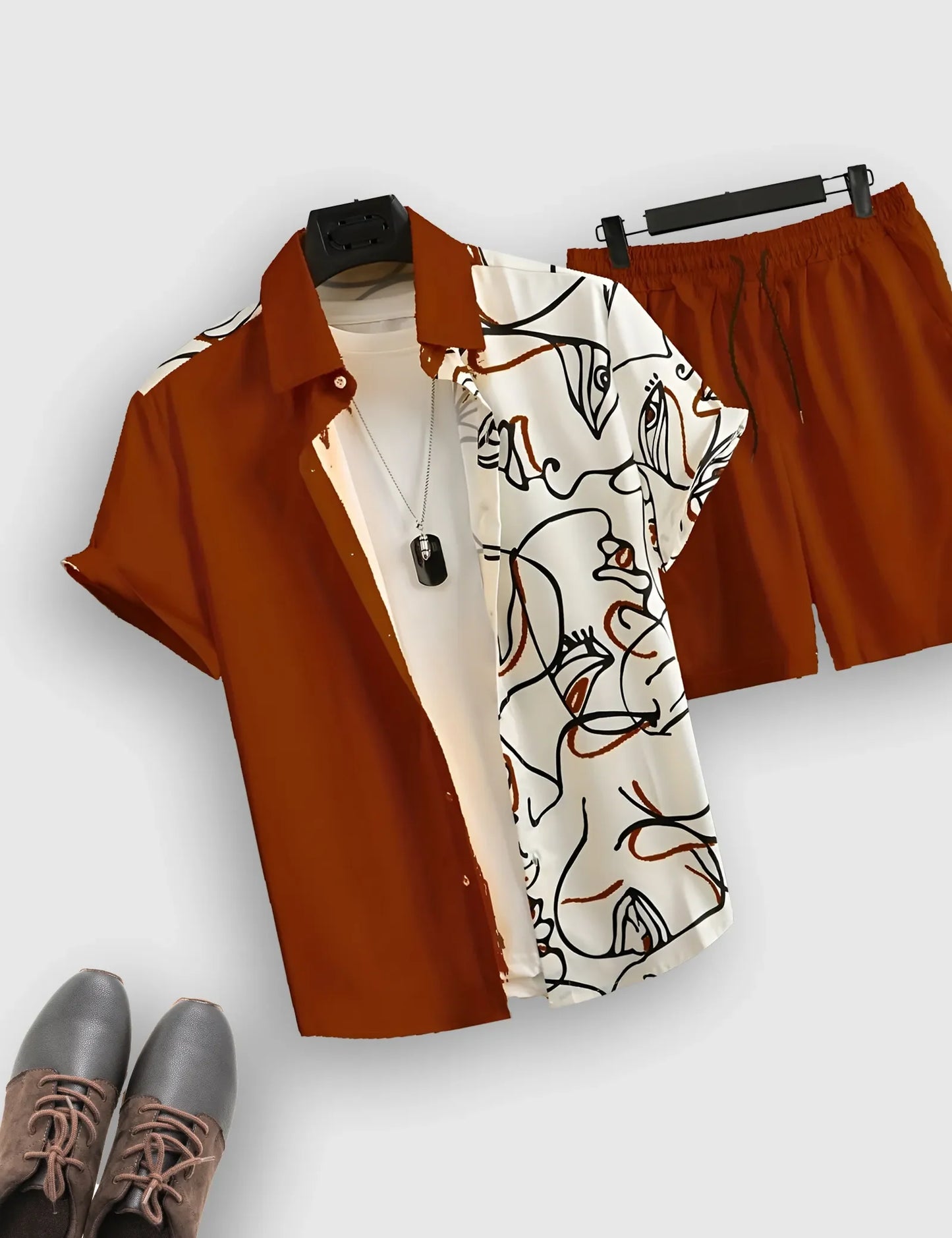 Men’s Orange White Line Print Shirt and Shorts Co-ord Set