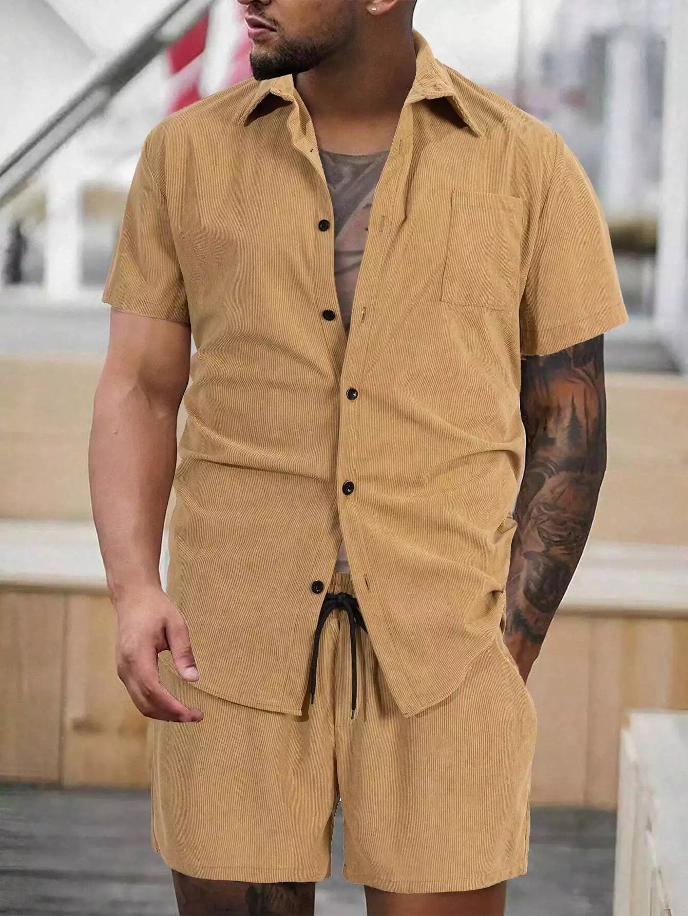 CORDS BROWN POCKET Design Mens Half Sleeves Premium Cords Cotton Material