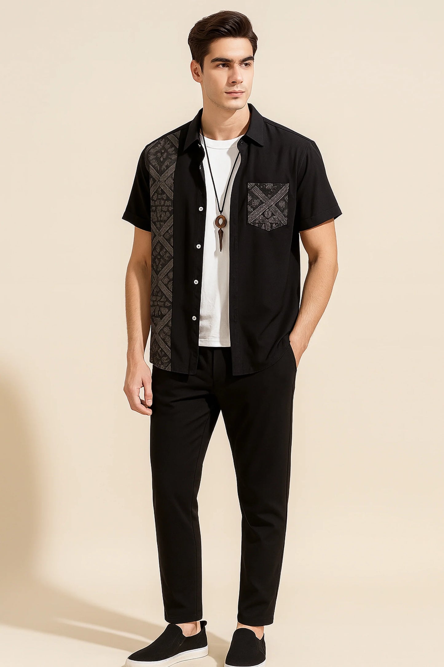 Black Design Men's Casual Half Sleeve Shirt and Full Pant Set