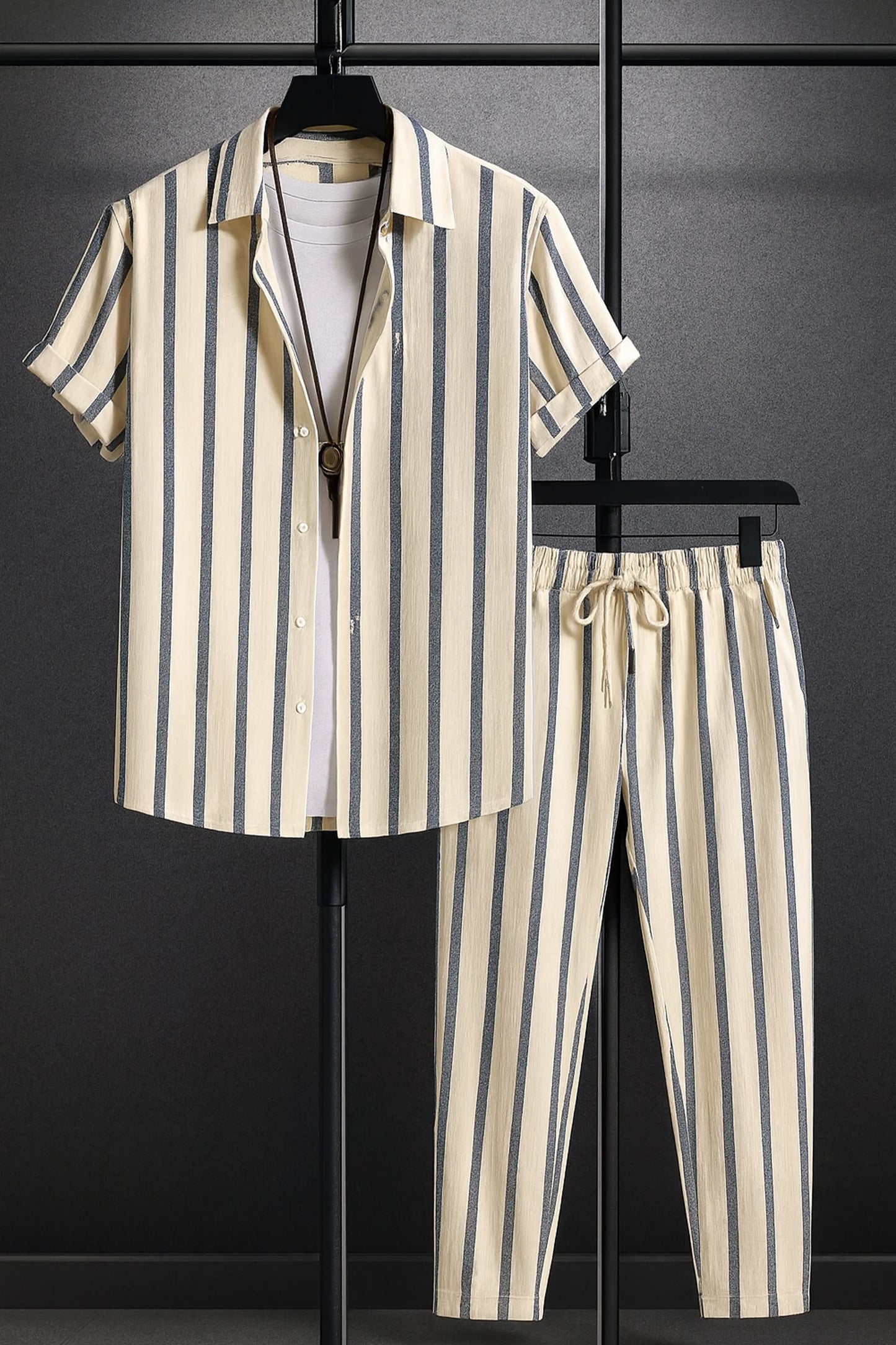 Cream Line Men's Casual Half Sleeve Shirt and Full Pant Set