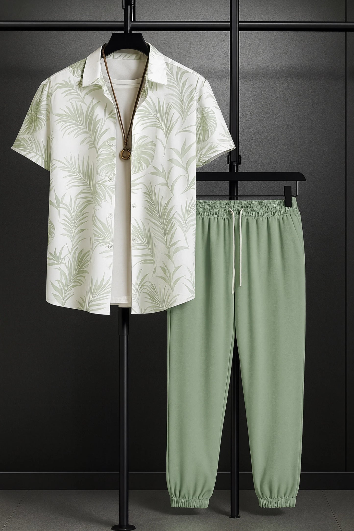 Leafy White Men's Casual Half Sleeve Shirt and Full Pant Set