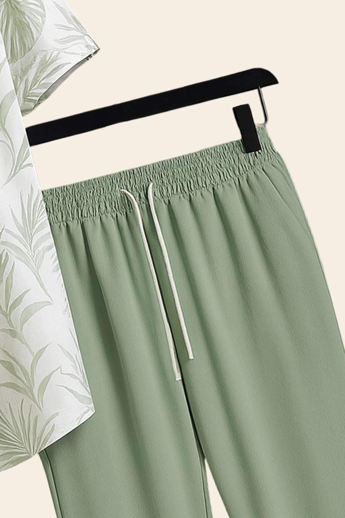 Leafy White Men's Casual Half Sleeve Shirt and Full Pant Set