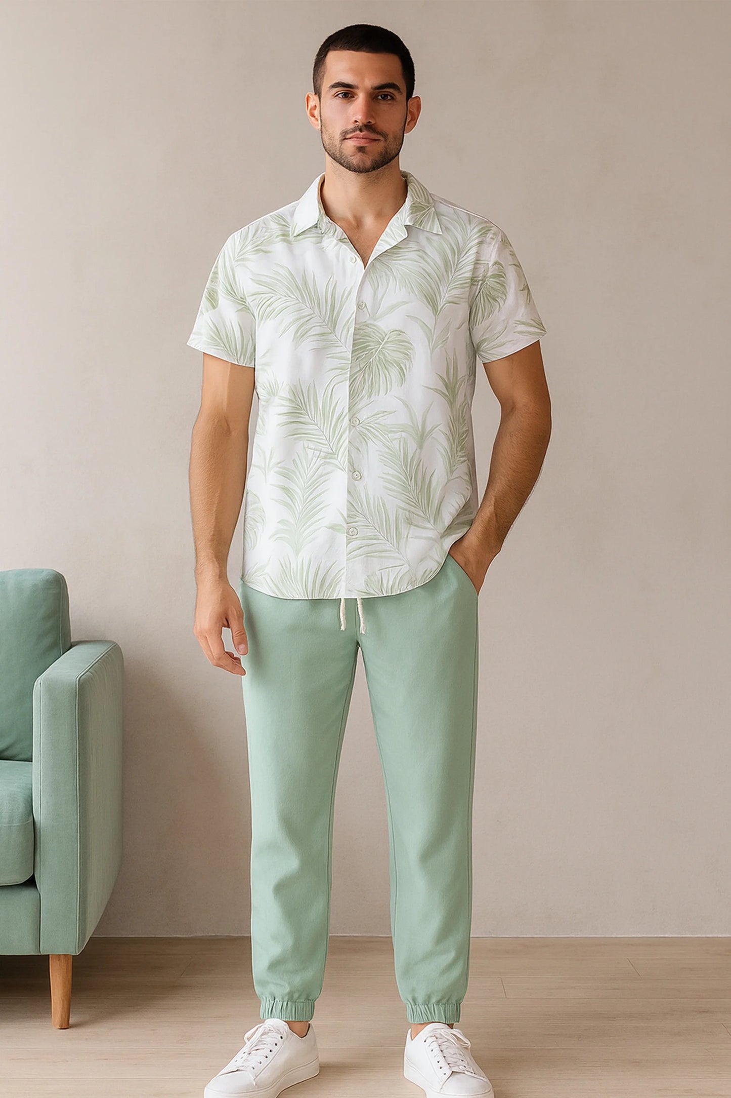 Leafy White Men's Casual Half Sleeve Shirt and Full Pant Set