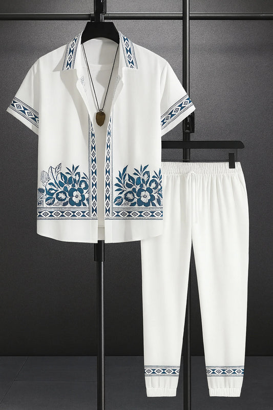 White Border Men's Casual Half Sleeve Shirt and Full Pant Set