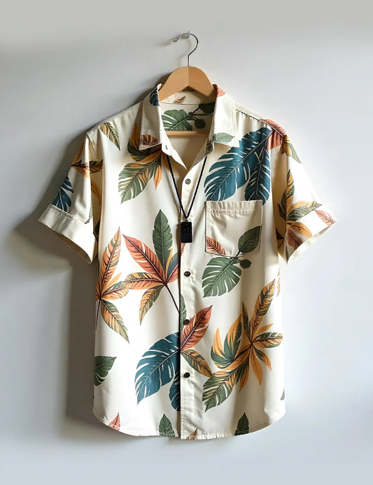 Cream Leaf Printed Easywear Cotton Men's Shirt for Men