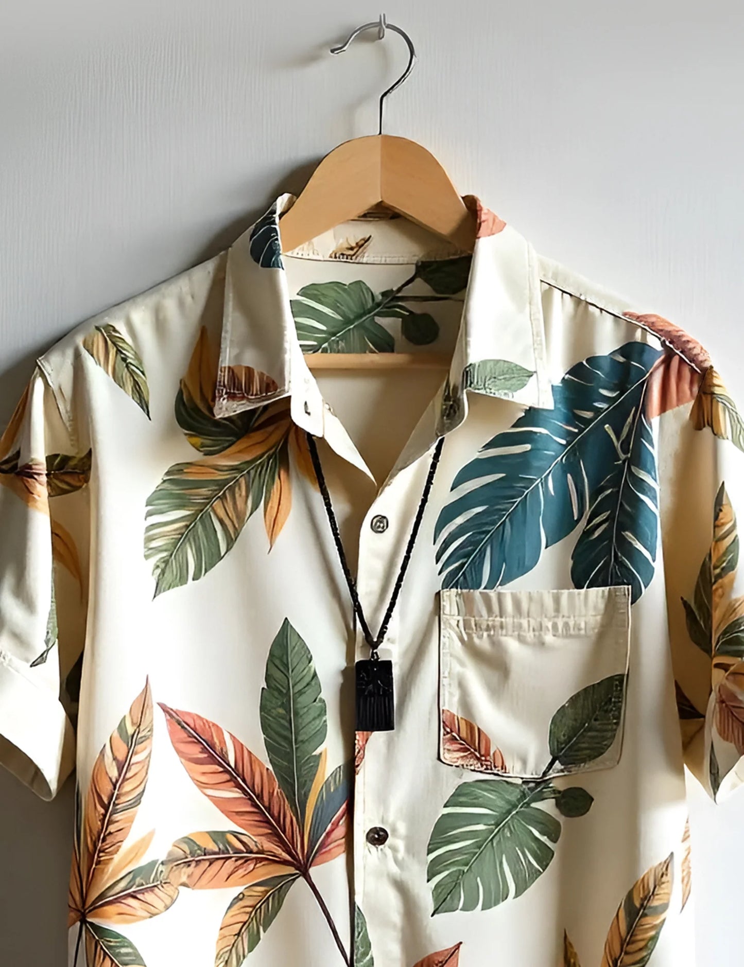 Cream Leaf Printed Easywear Cotton Men's Shirt for Men