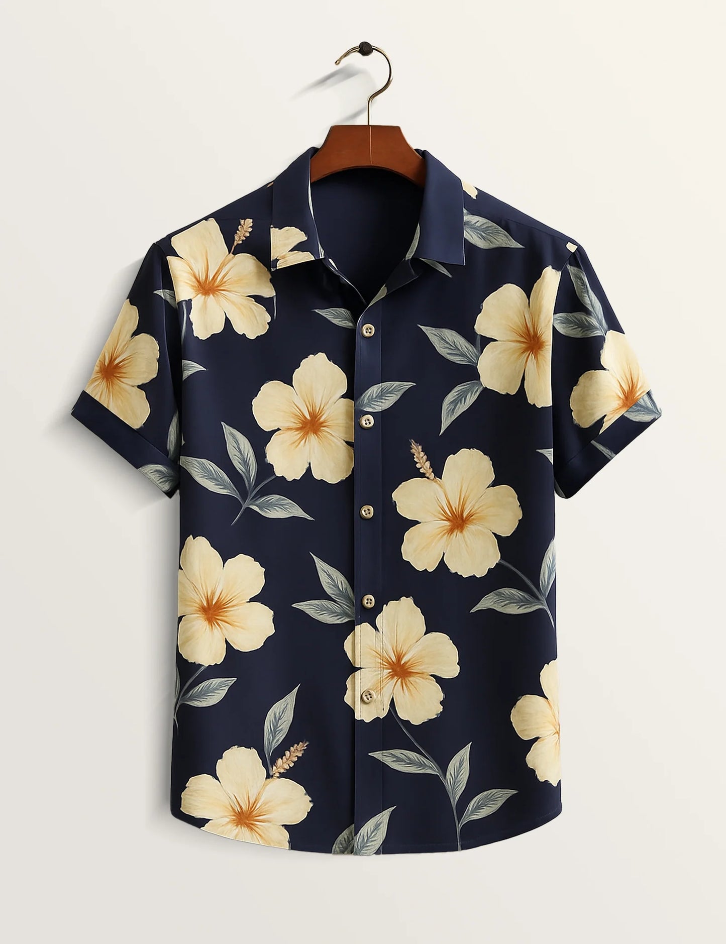 Navy Blue Hibiscus Printed Refined Cotton Daily Shirt for Men