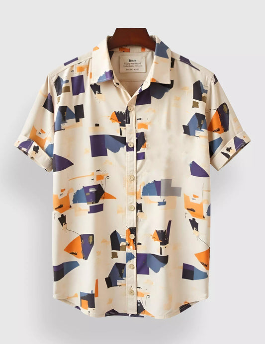 Cream Patch Work Designer Men's Half Sleeves Printed Shirt Exclusive