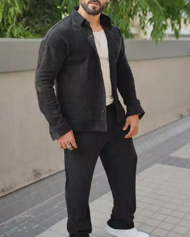 Black Color Luxury Korean Style Full Co-Ord Set Trouser and Shirt