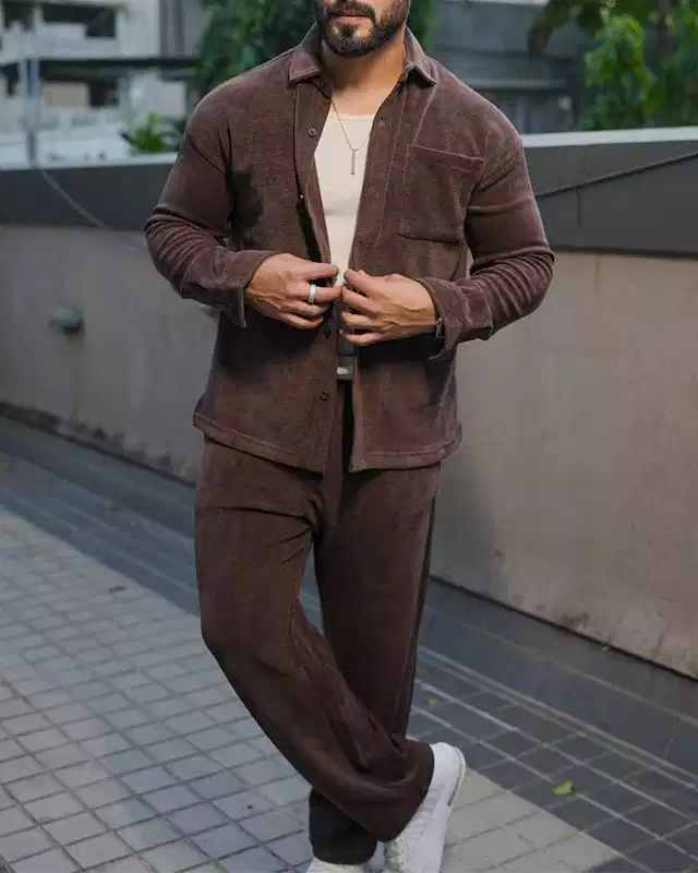 Brown Color Luxury Korean Style Full Co-Ord Set Trouser and Shirt