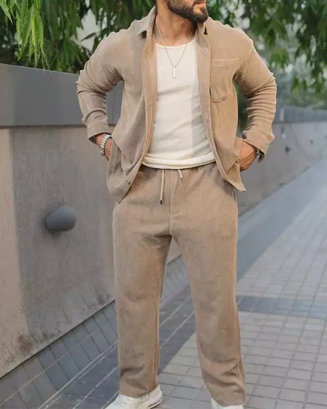 Khaki Color Luxury Korean Style Full Co-Ord Set Trouser and Shirt