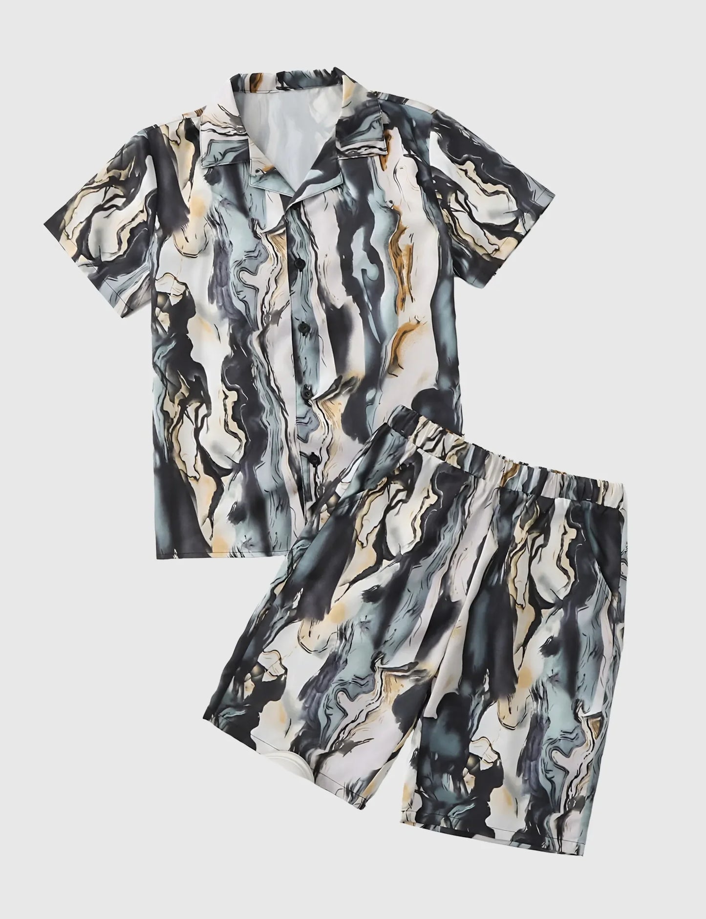 Men’s Abstract Marble Print Shirt and Shorts Co-ord Set