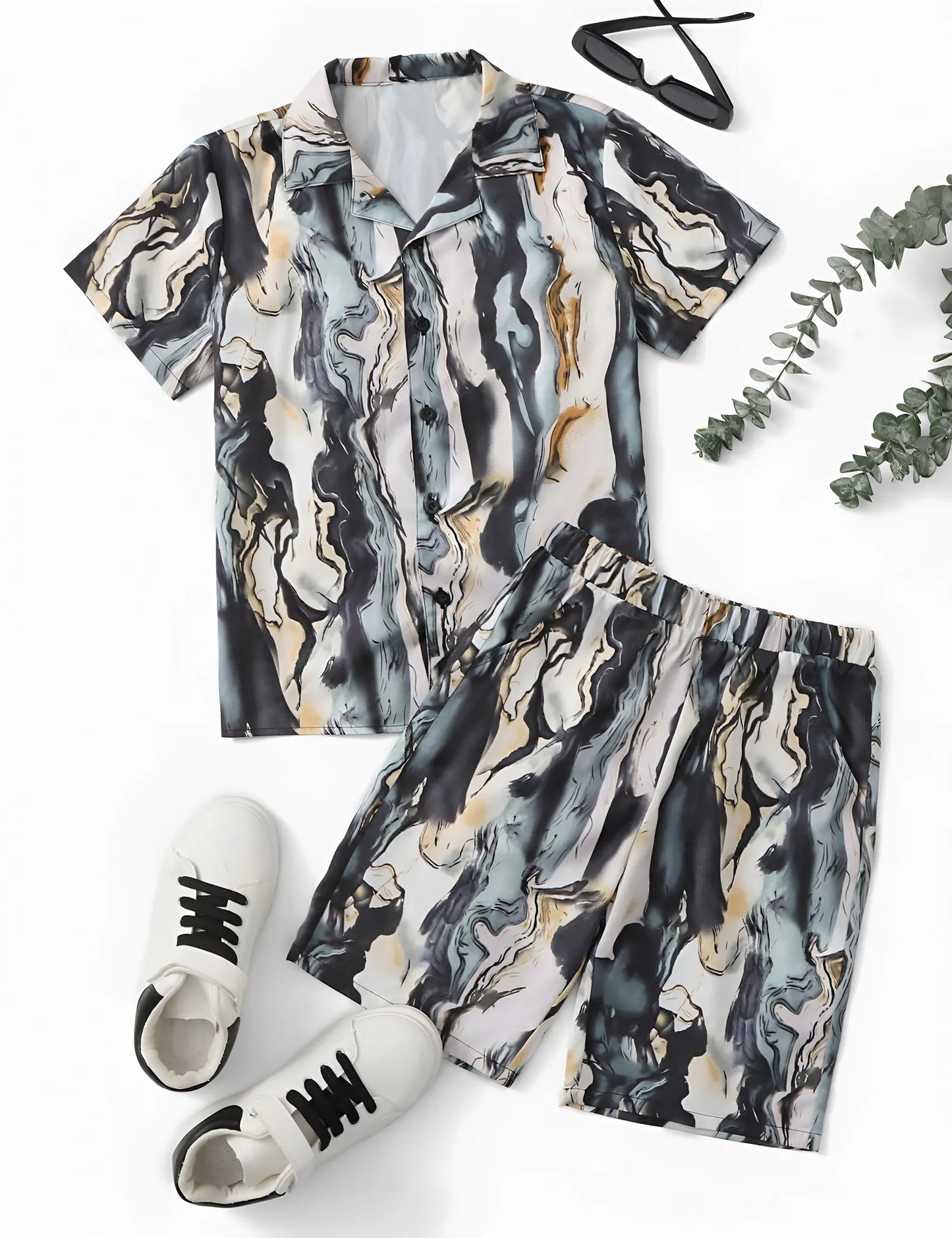 Men’s Abstract Marble Print Shirt and Shorts Co-ord Set