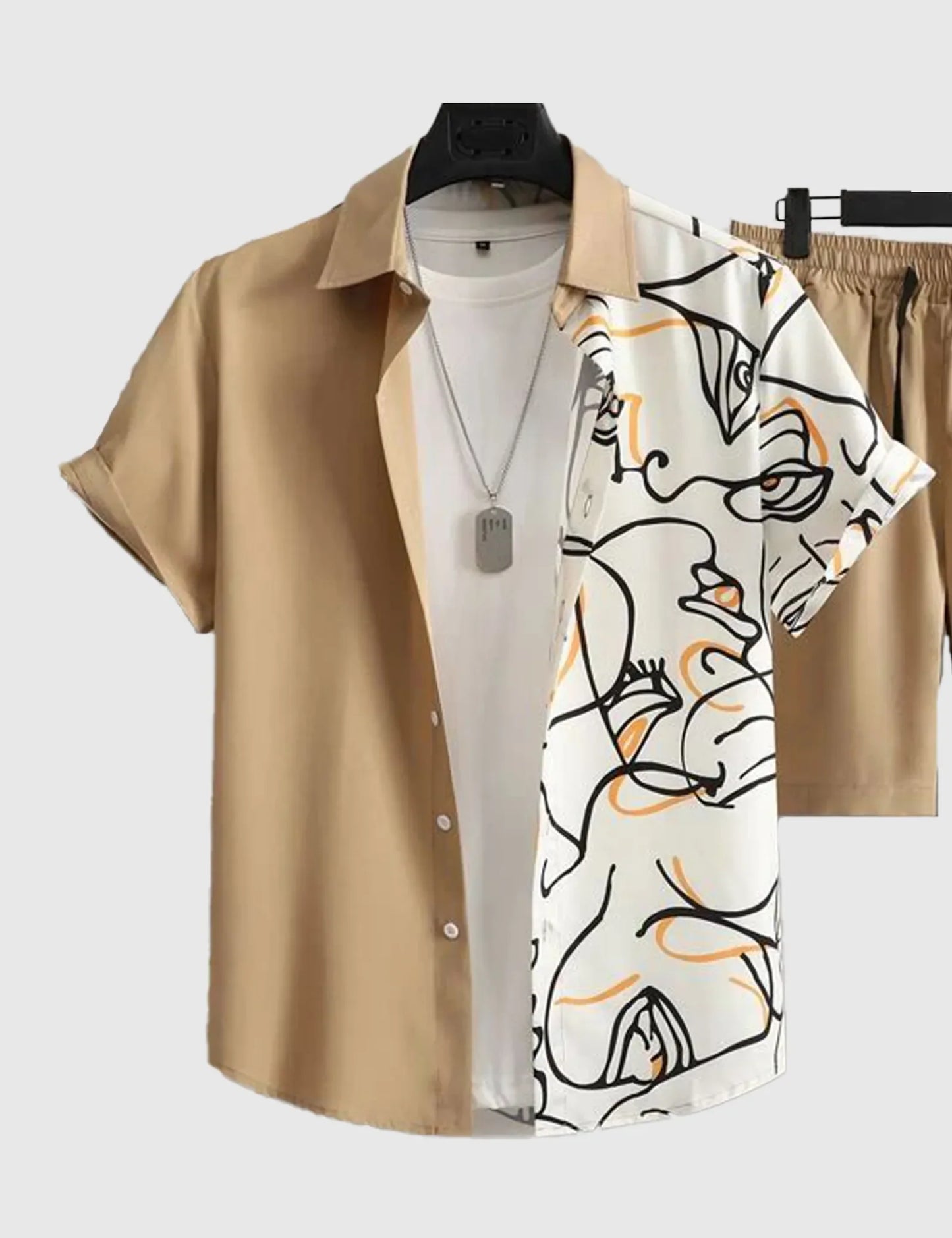 Men’s Beige White Line Print Shirt and Shorts Co-ord Set