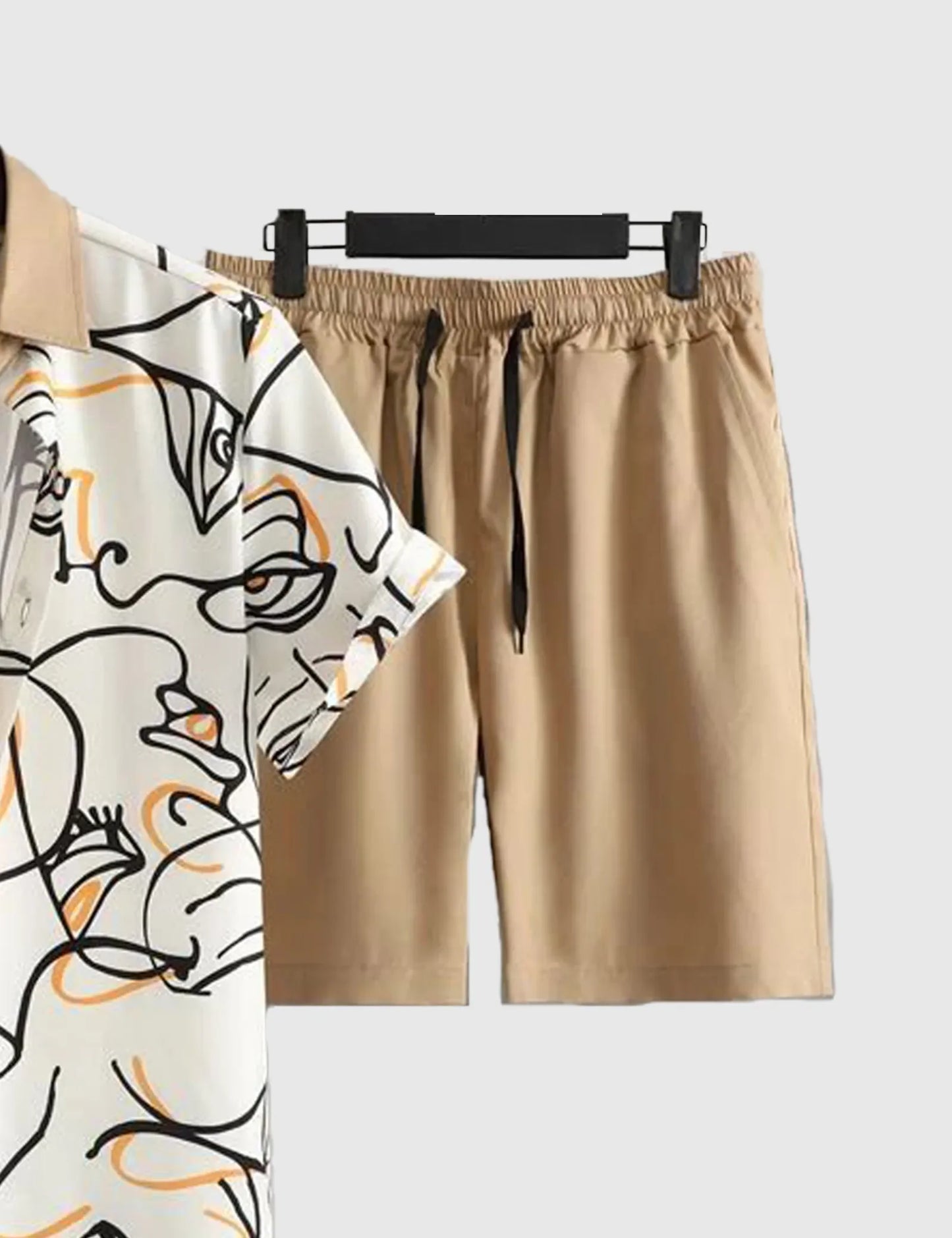 Men’s Beige White Line Print Shirt and Shorts Co-ord Set