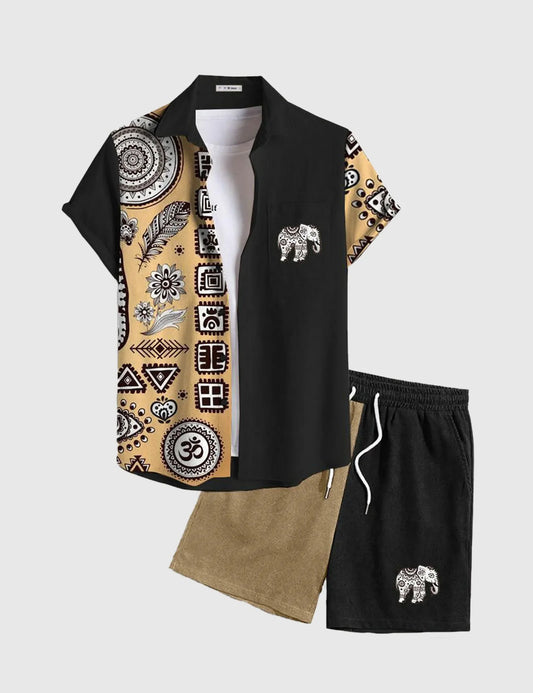 Men’s Black Ethnic Vibes Print Shirt and Shorts Co-ord Set