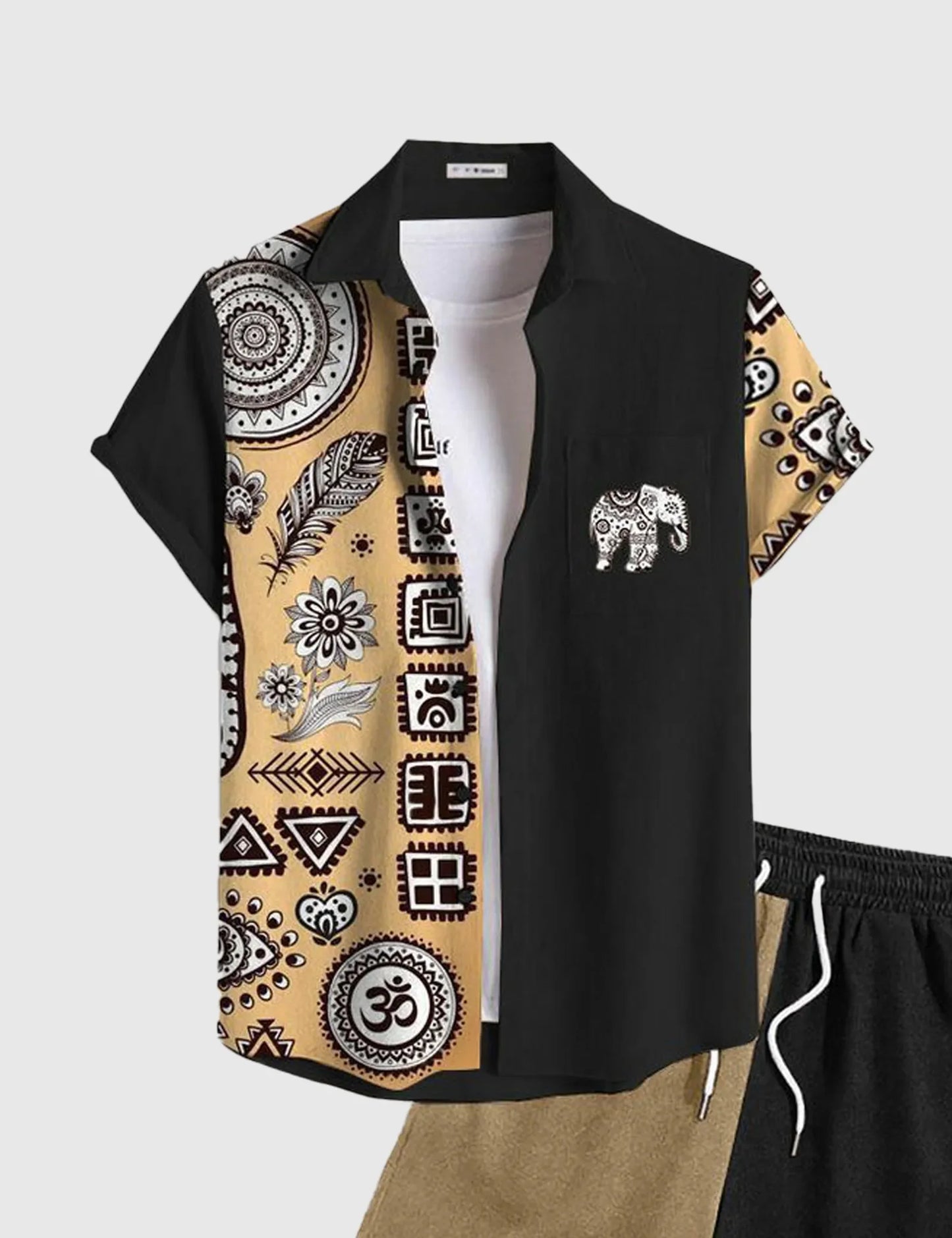 Men’s Black Ethnic Vibes Print Shirt and Shorts Co-ord Set
