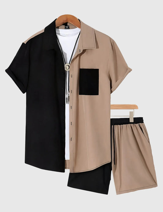 Men’s Black & Beige Colorblock Print Shirt and Shorts Co-ord Set