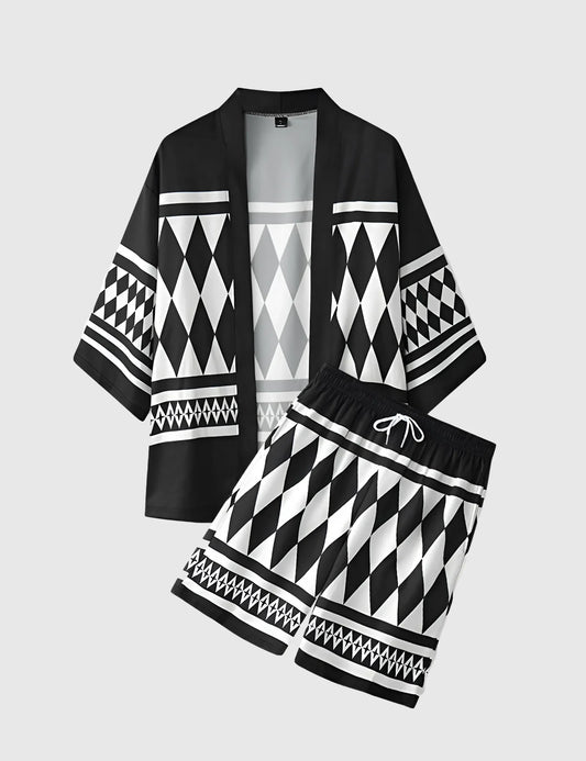 Men’s Geometric Samurai Print Shirt and Shorts Co-ord Set