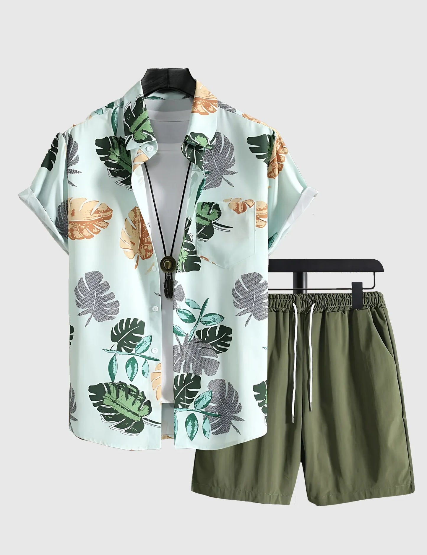 Men’s Green Tropical Leaf  Print Shirt and Shorts Co-ord Set