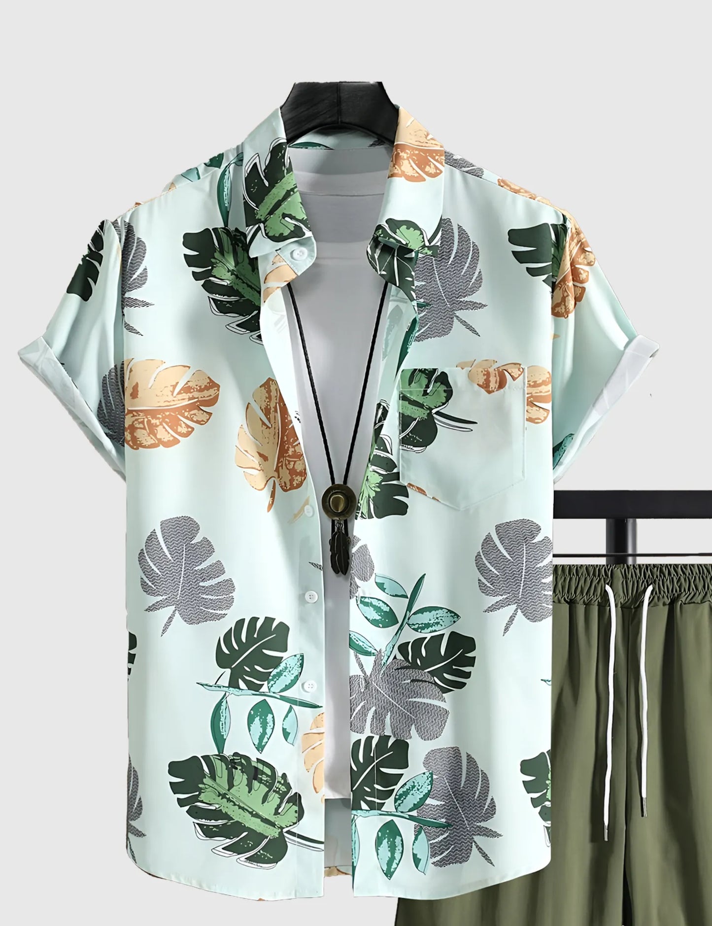 Men’s Green Tropical Leaf  Print Shirt and Shorts Co-ord Set