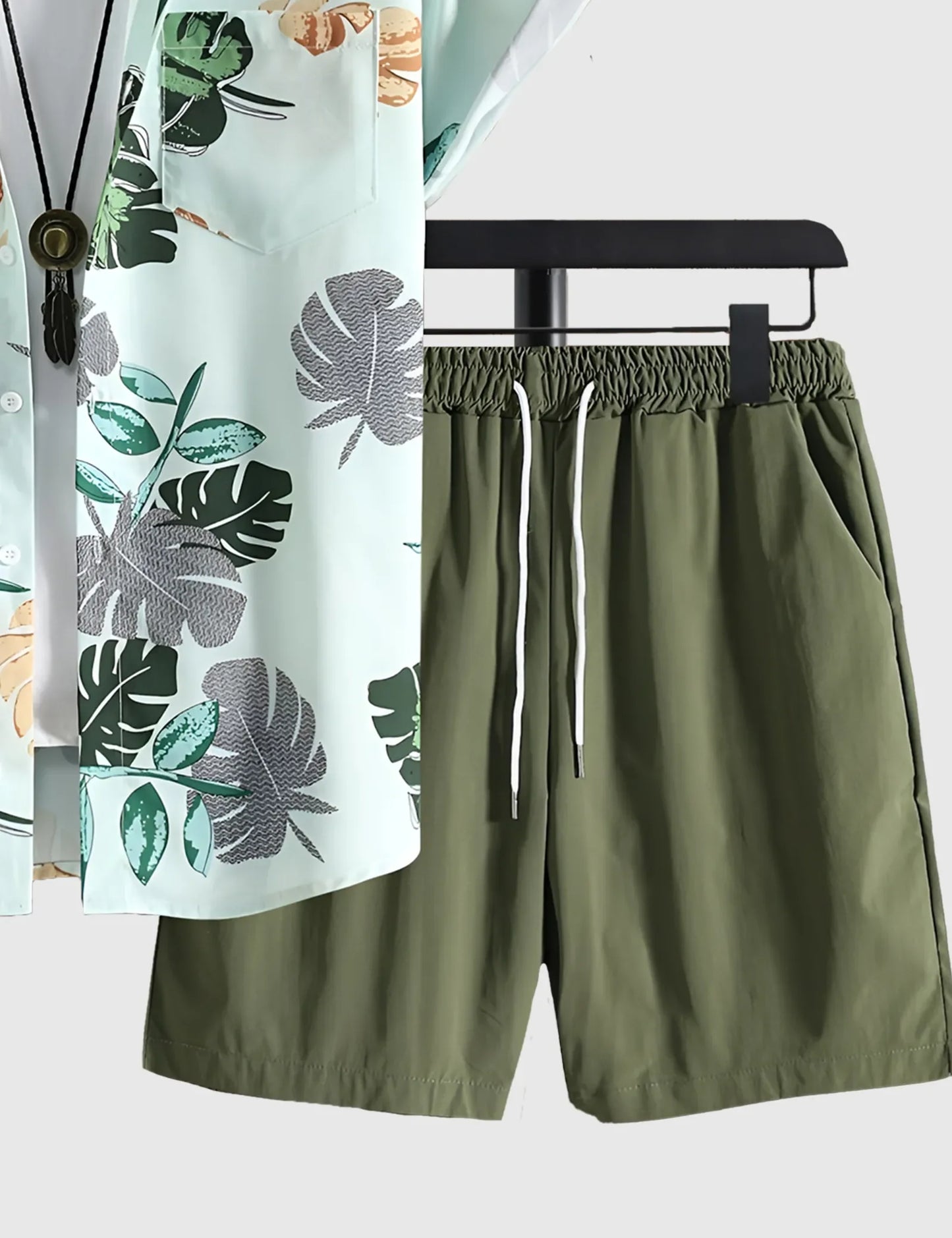 Men’s Green Tropical Leaf  Print Shirt and Shorts Co-ord Set