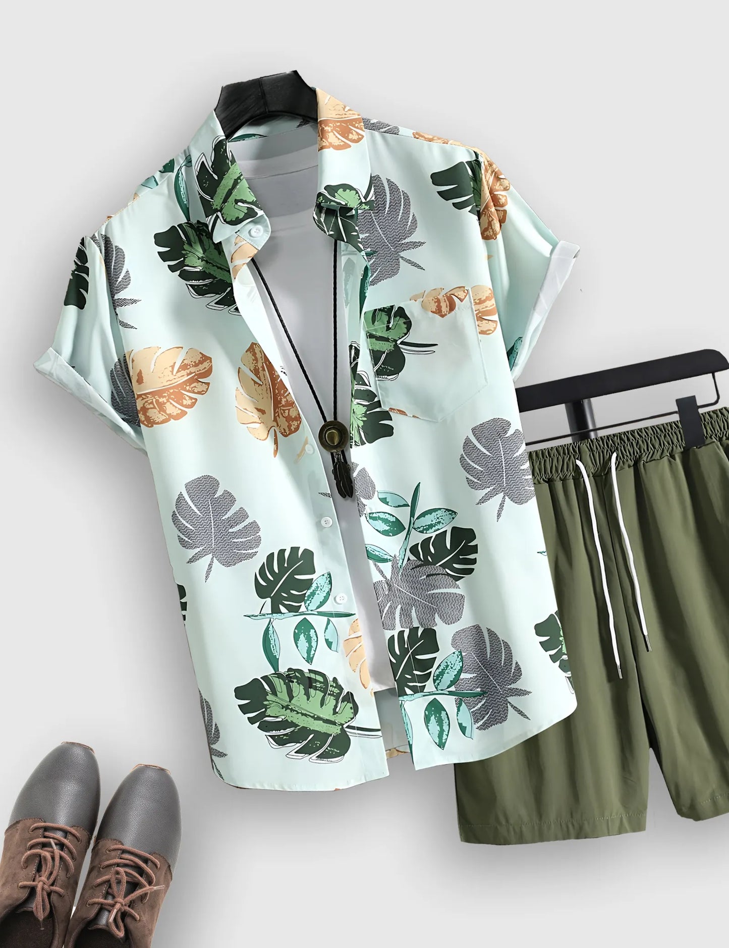 Men’s Green Tropical Leaf  Print Shirt and Shorts Co-ord Set