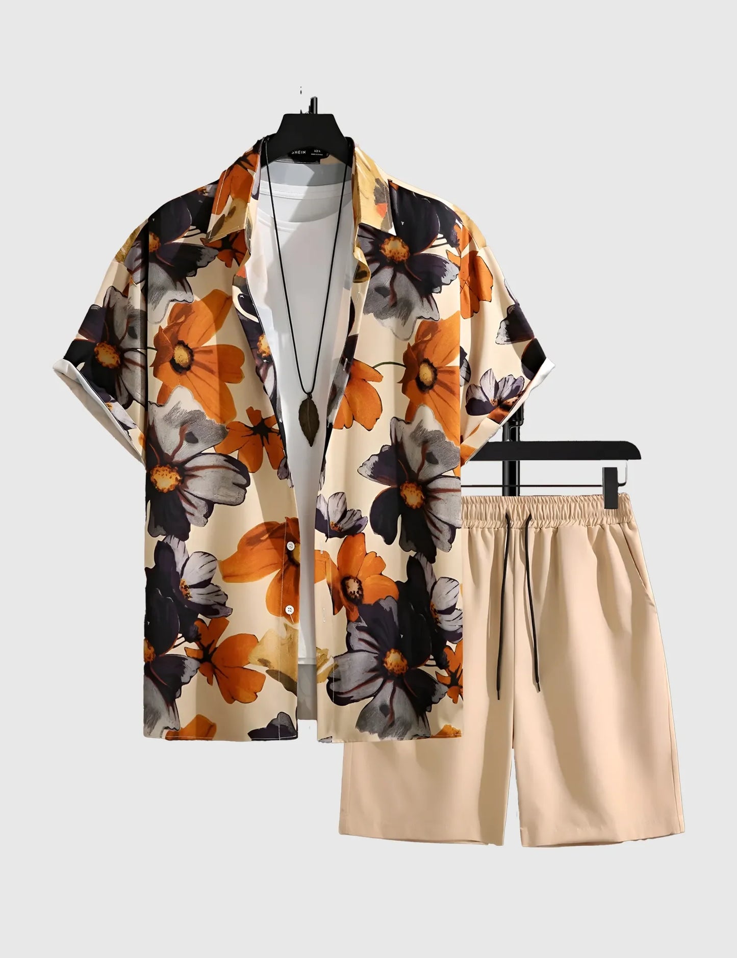 Men’s Khaki Twin Floral Print Shirt and Shorts Co-ord Set