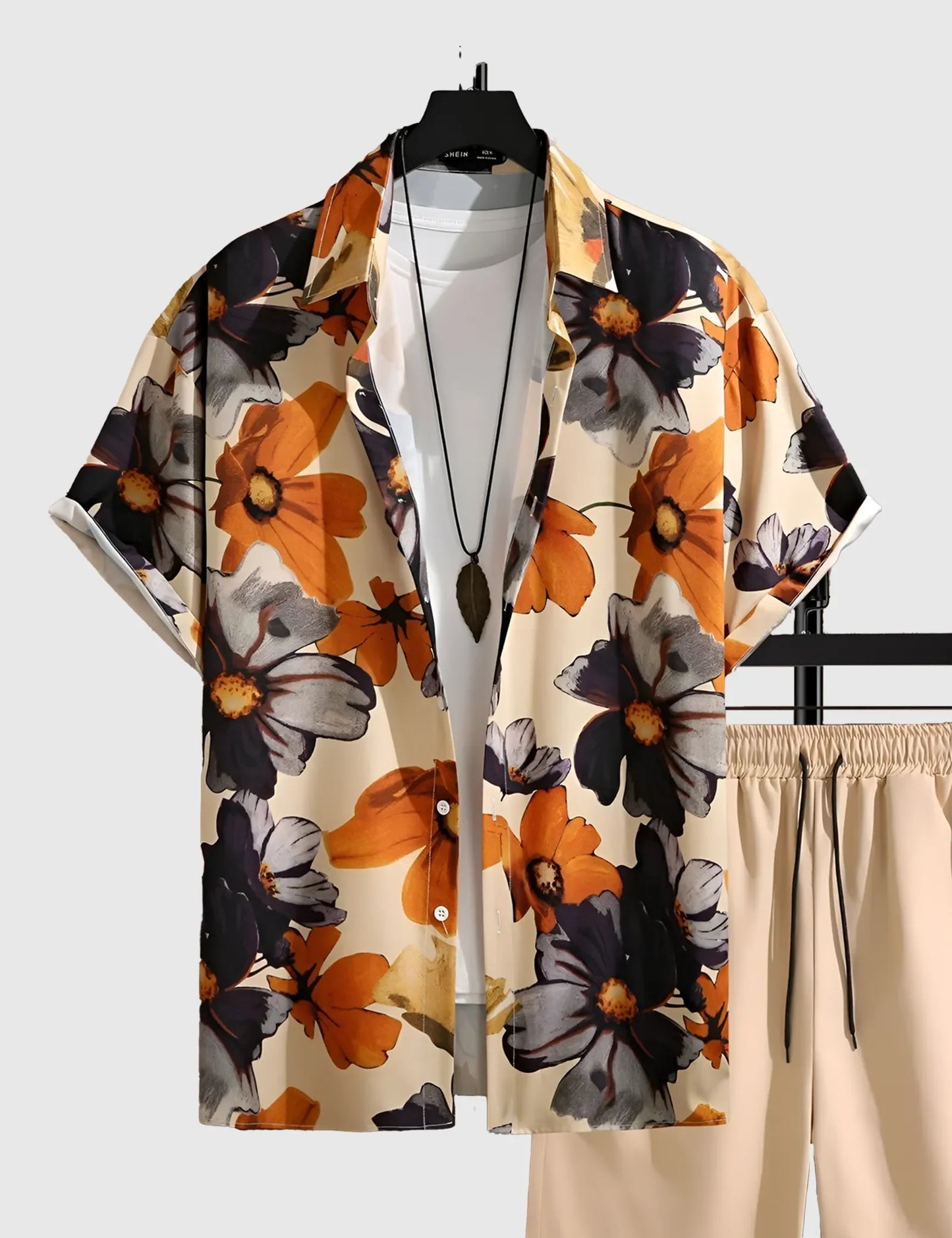 Men’s Khaki Twin Floral Print Shirt and Shorts Co-ord Set