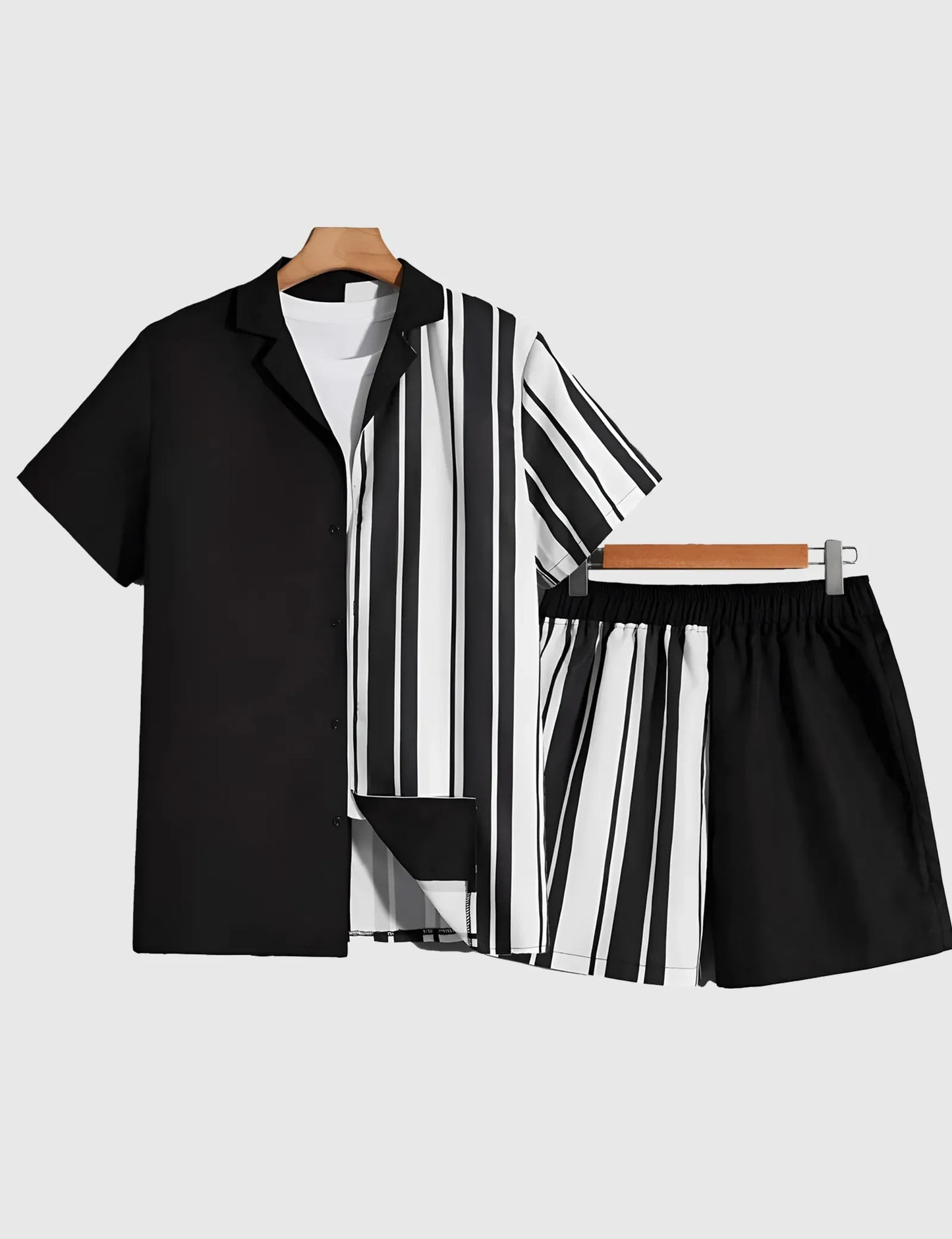 Men’s Monochrome Striped plain Shirt and Shorts Co-ord Set
