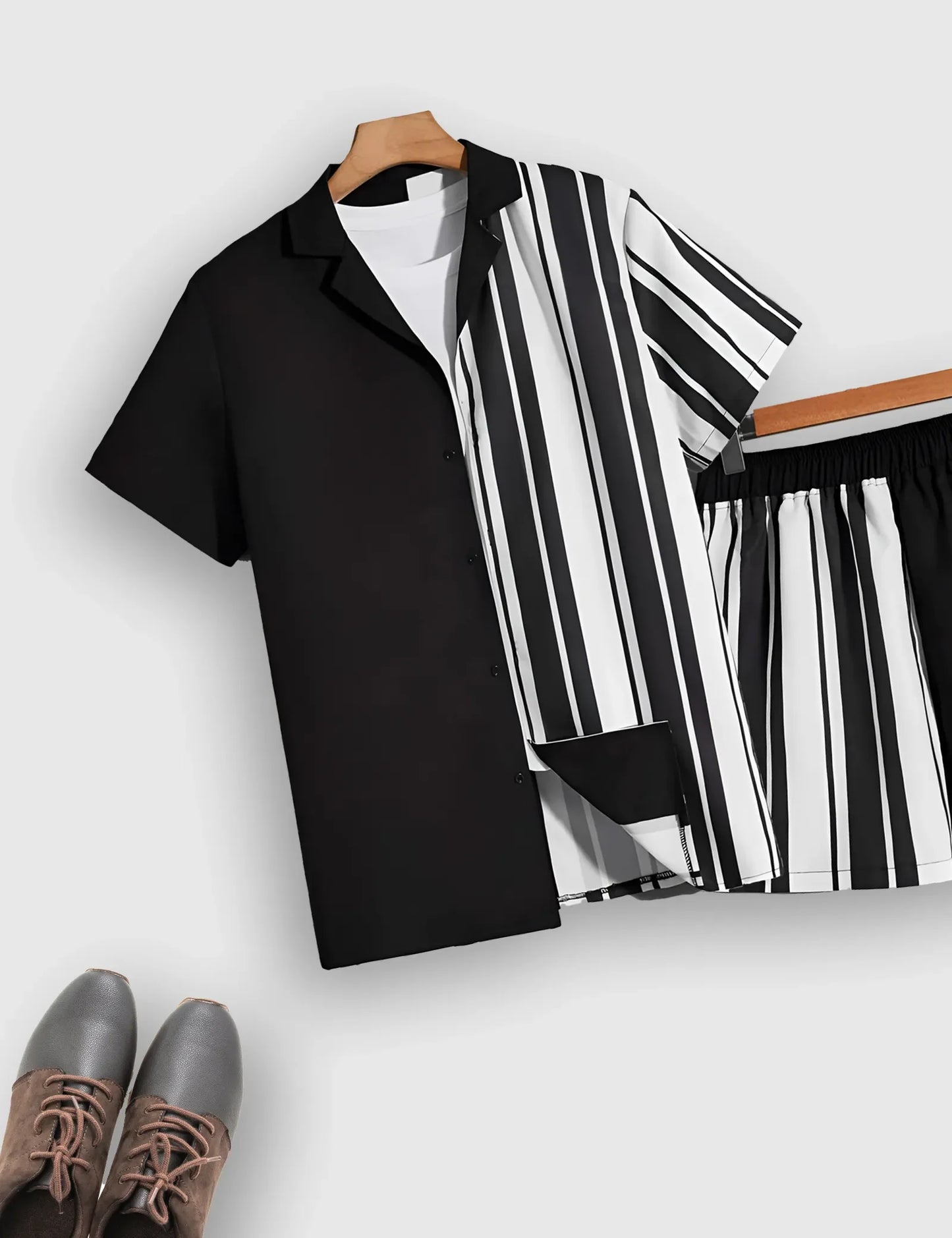 Men’s Monochrome Striped plain Shirt and Shorts Co-ord Set