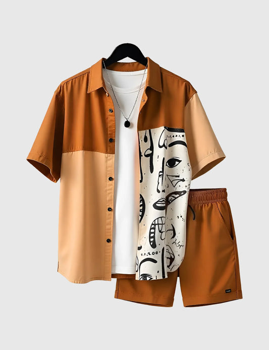 Men’s Orange Abstract Expression Print Shirt and Shorts Co-ord Set