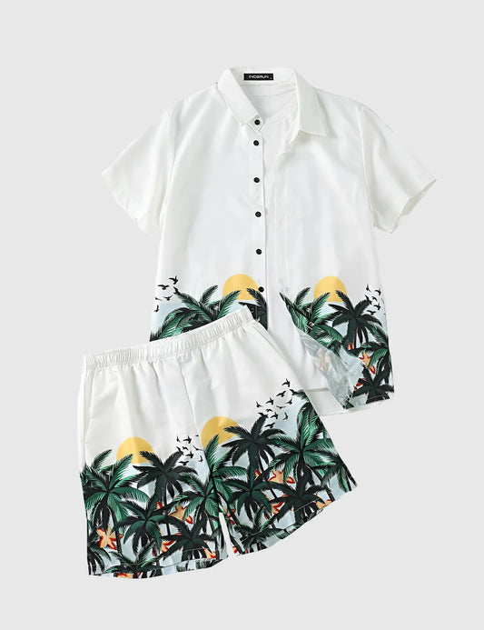 Men’s Tropical Sunset Palm Print Shirt and Shorts Co-ord Set
