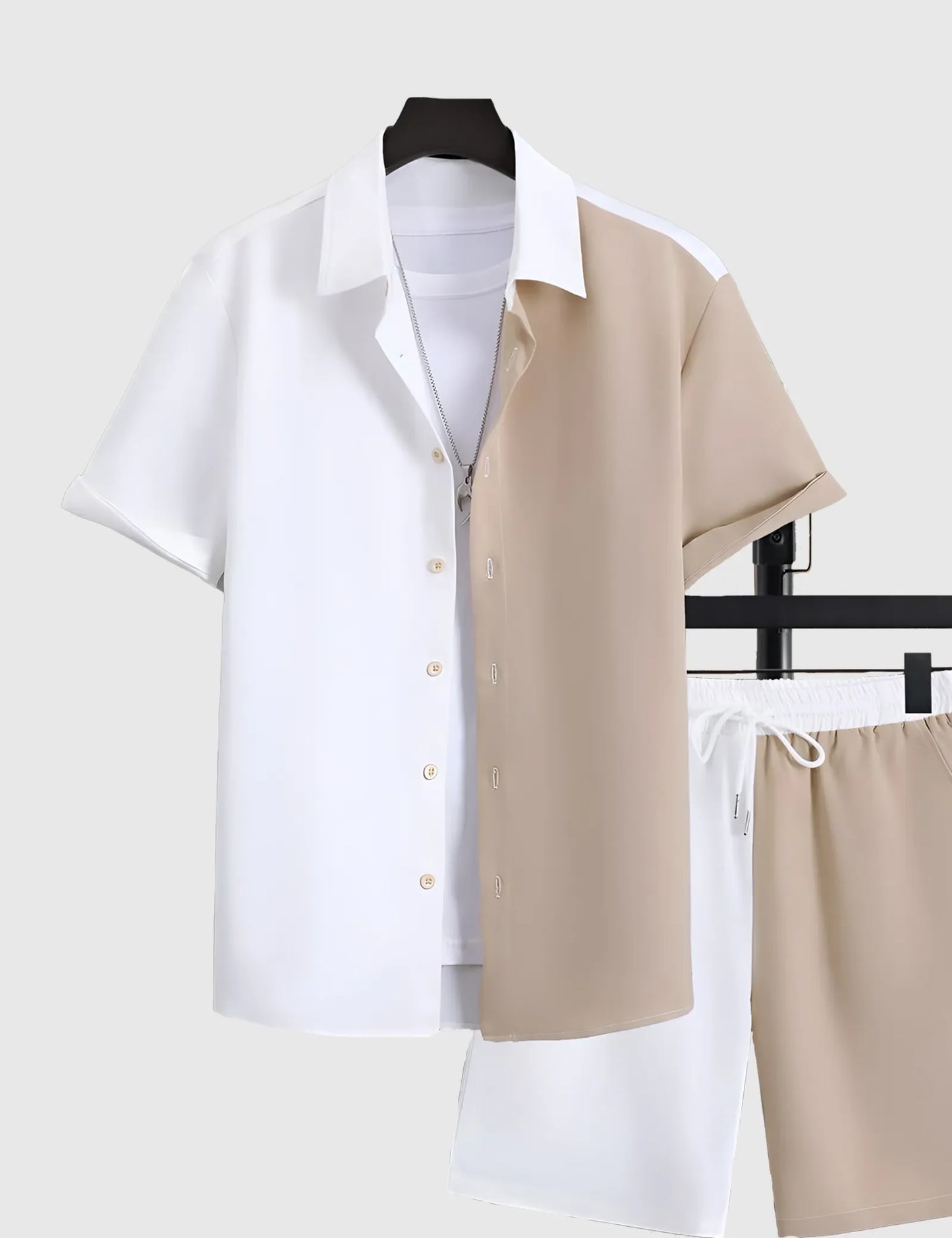 Men’s White & Khaki  plain Shirt and Shorts Co-ord Set