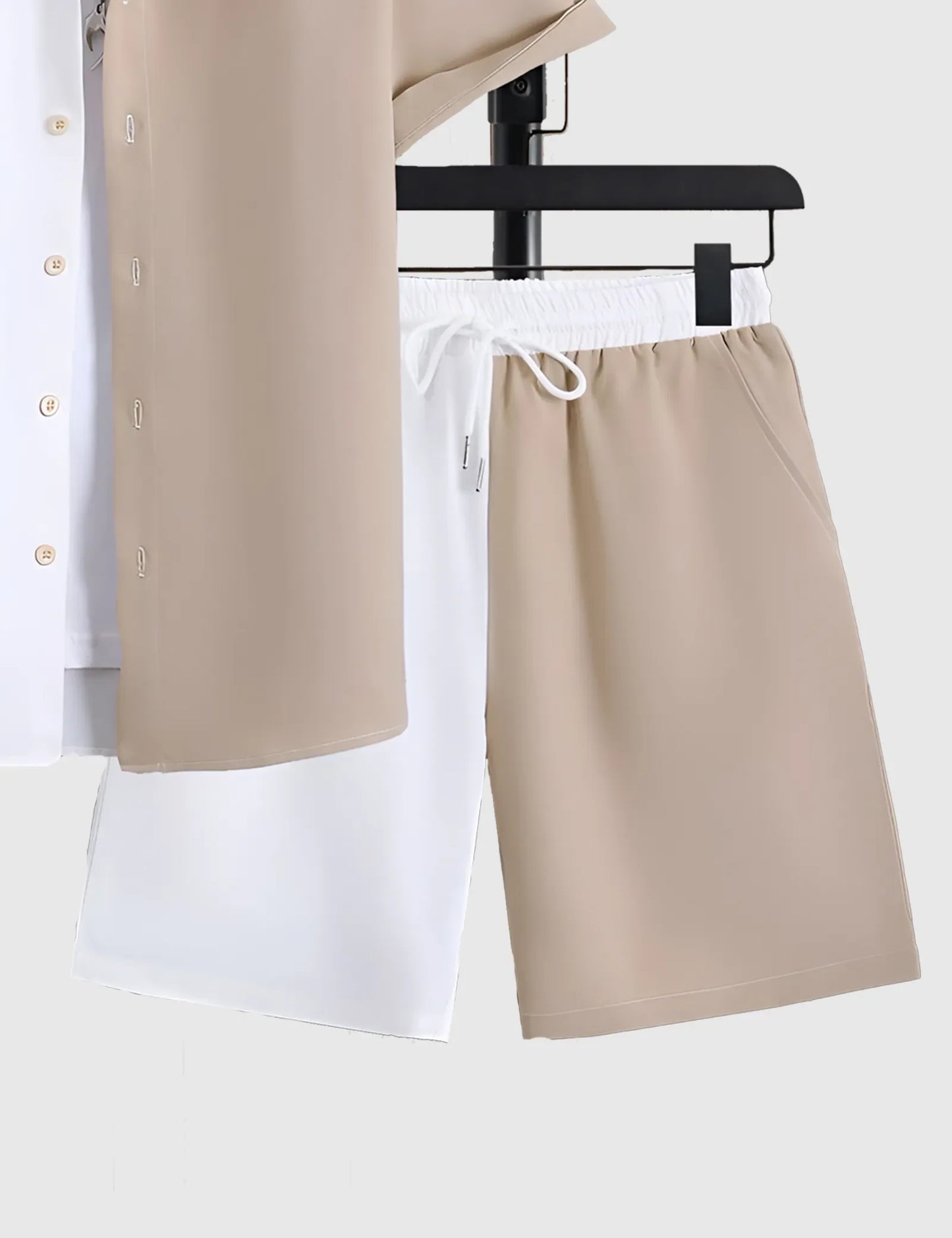 Men’s White & Khaki  plain Shirt and Shorts Co-ord Set