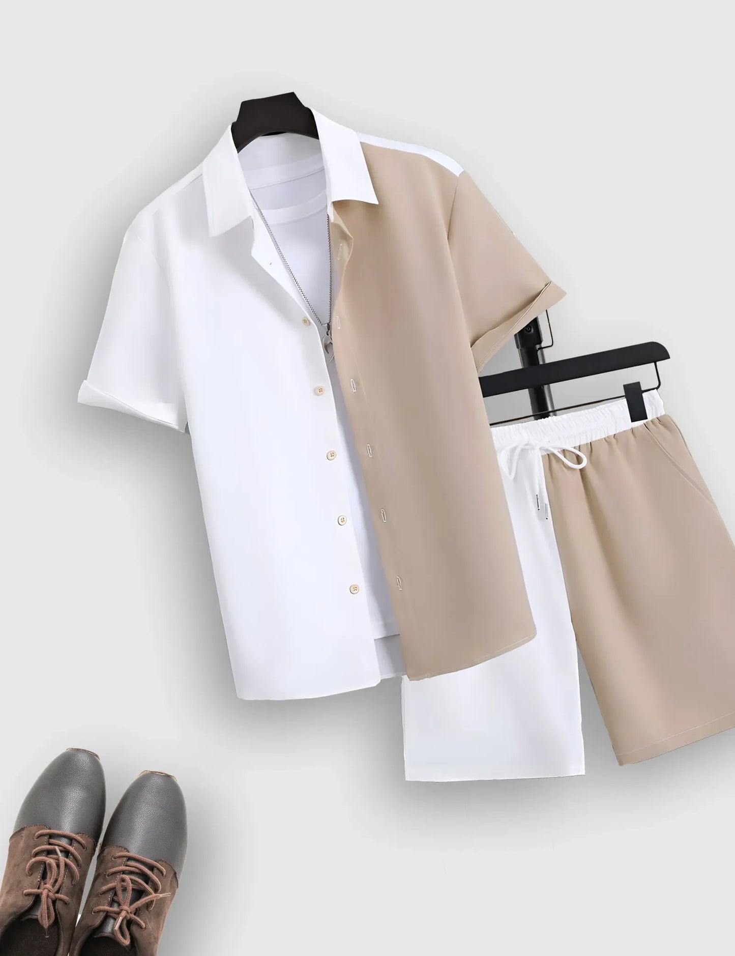 Men’s White & Khaki  plain Shirt and Shorts Co-ord Set