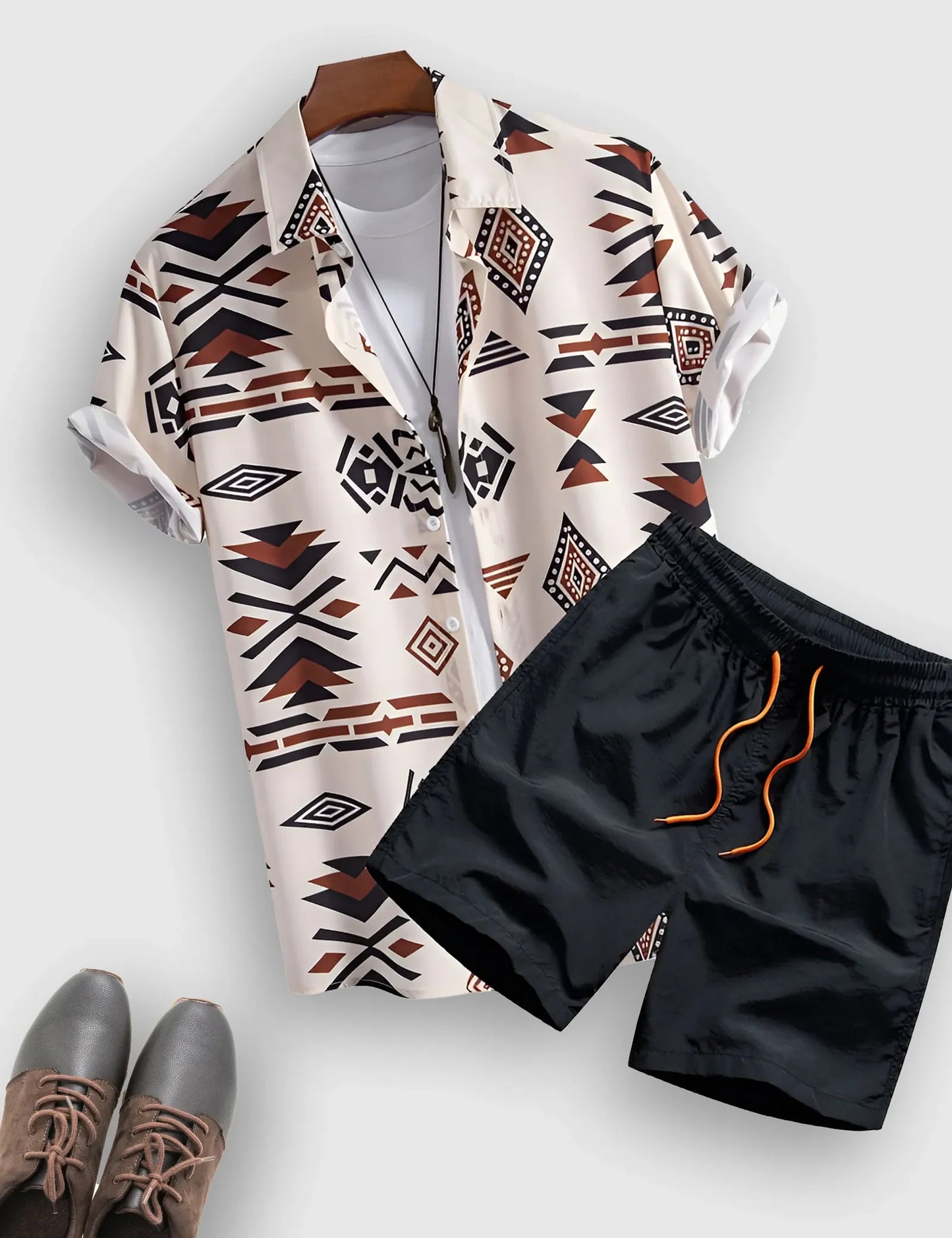 Men’s White Geometric Vibes Print Shirt and Shorts Co-ord Set