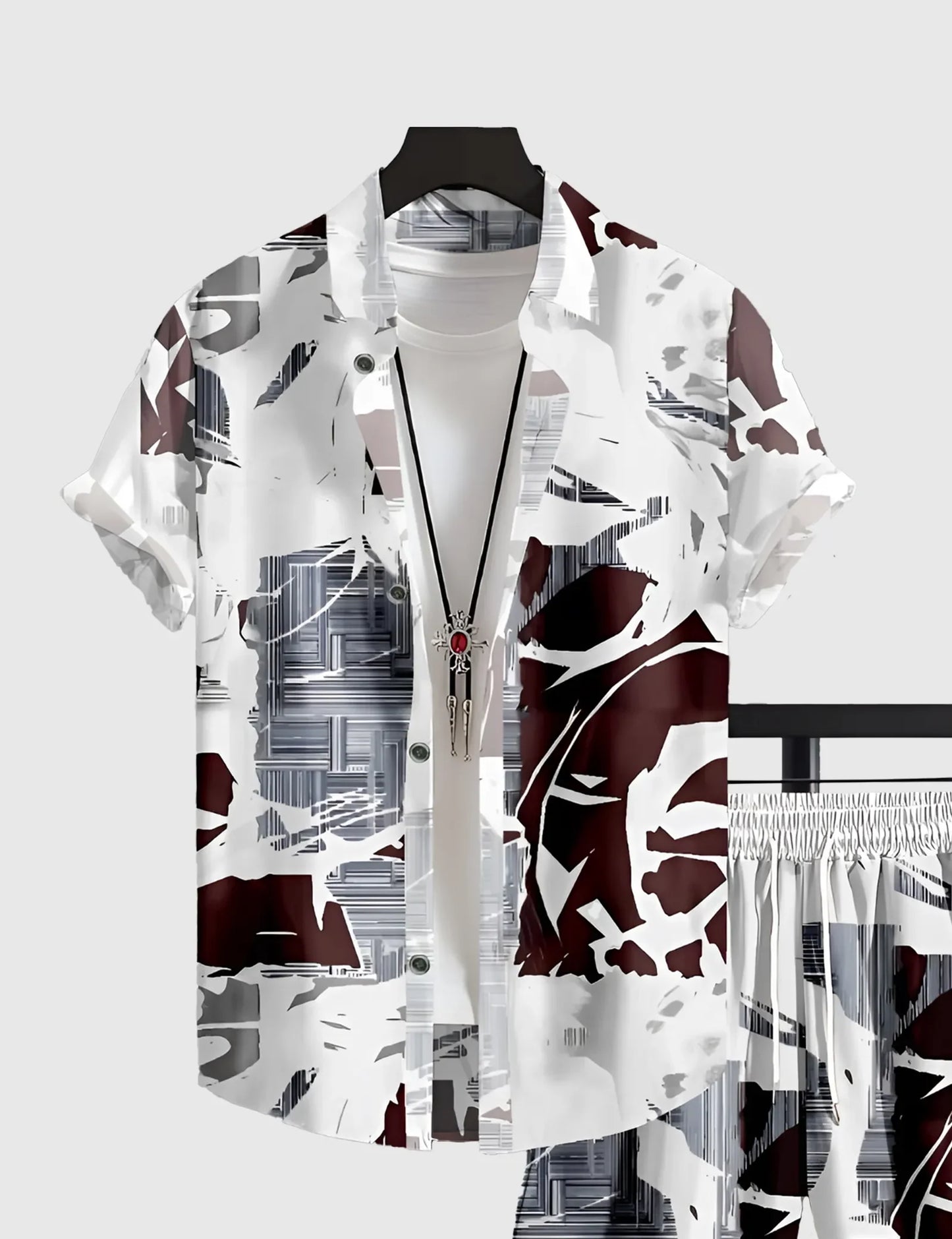 Men’s White Urban Abstract Print Shirt and Shorts Co-ord Set