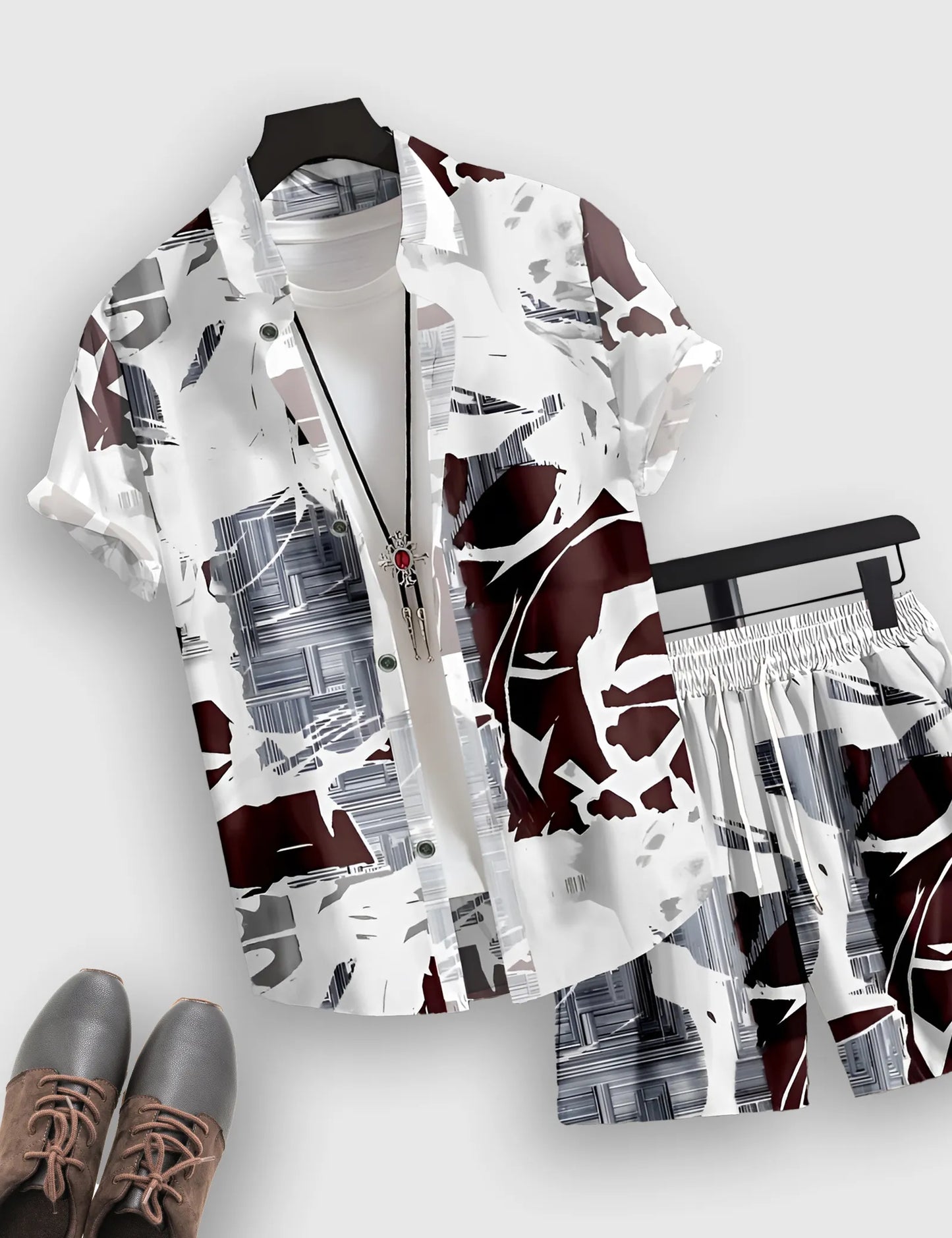 Men’s White Urban Abstract Print Shirt and Shorts Co-ord Set