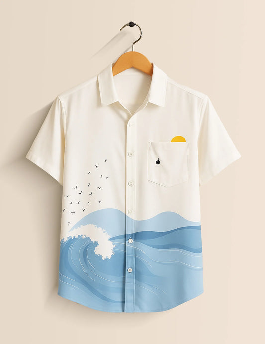 Men's White Ocean Wave Coastal Vibes - Printed Half Sleeve Shirt