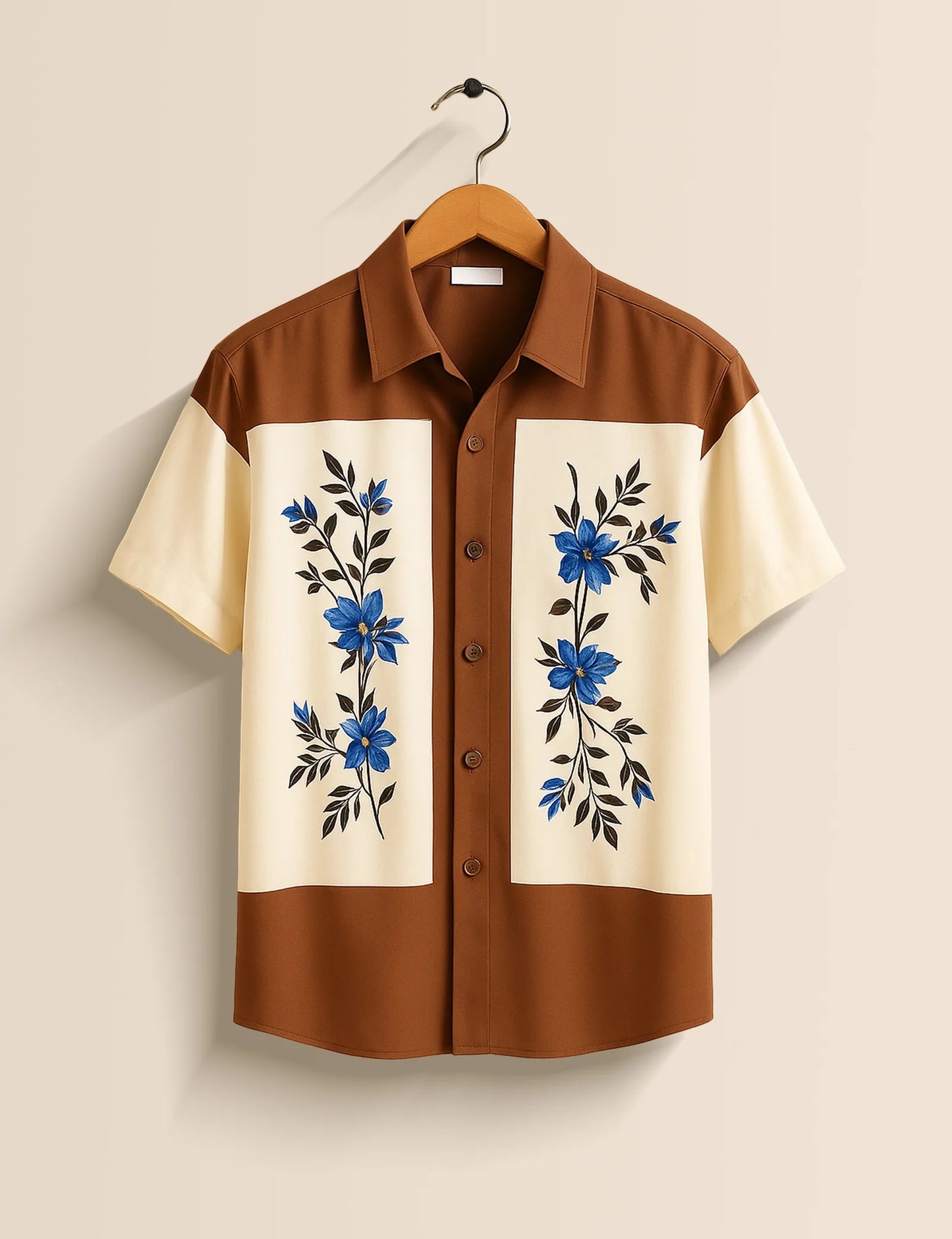 Men's Brown & Cream Floral Panel - Printed Half Sleeve Shirt