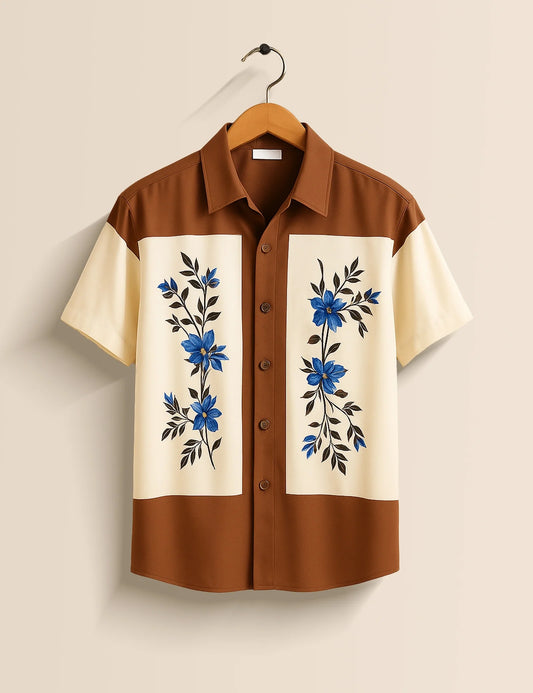 Men's Brown & Cream Floral Panel - Printed Half Sleeve Shirt