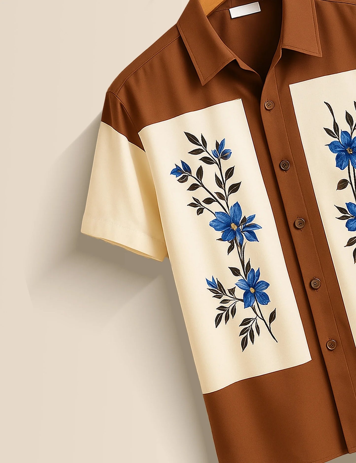 Men's Brown & Cream Floral Panel - Printed Half Sleeve Shirt